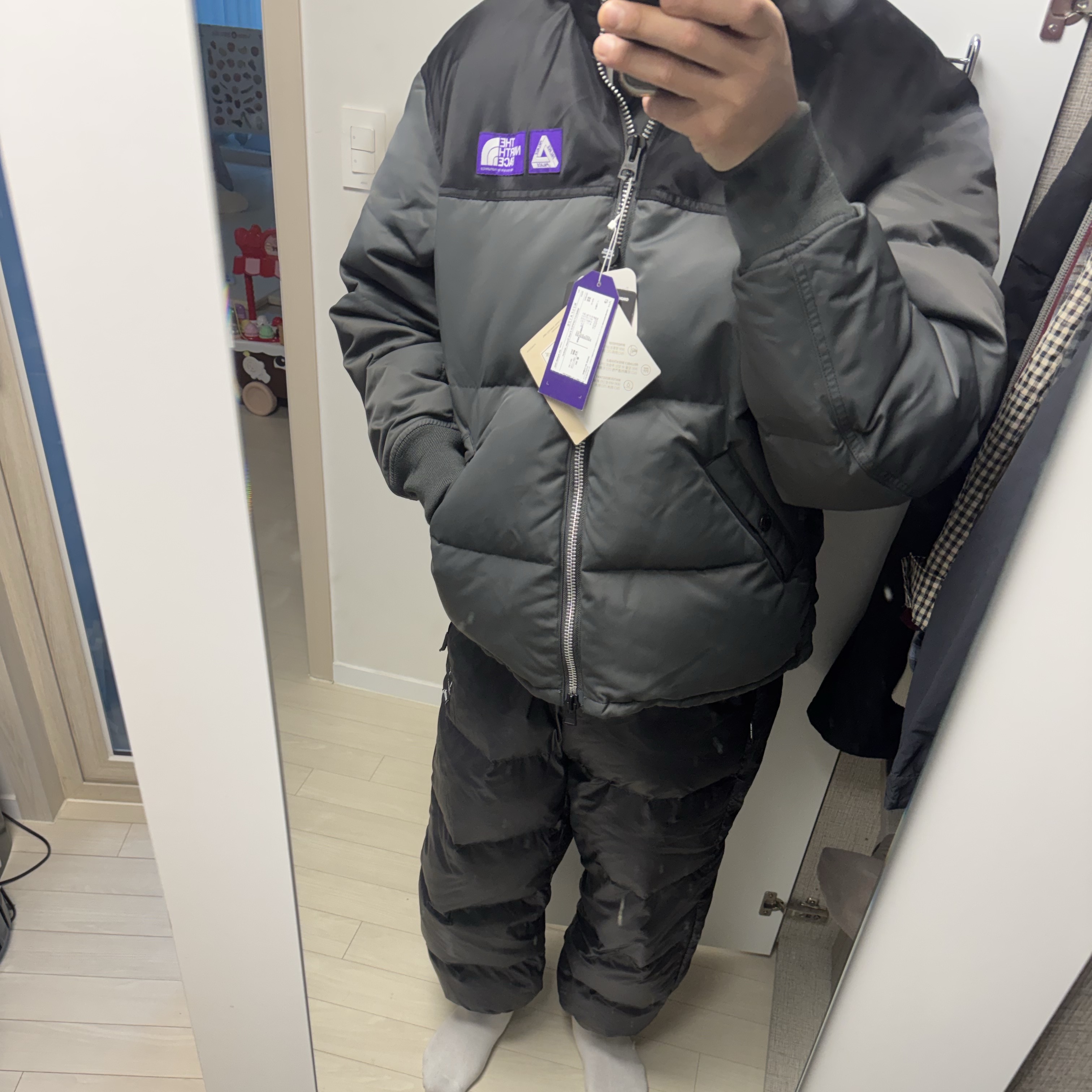 Palace x The North Face Purple Label Windstopper Field Down Jacket Asphalt Gray - 25FW 착용 스타일