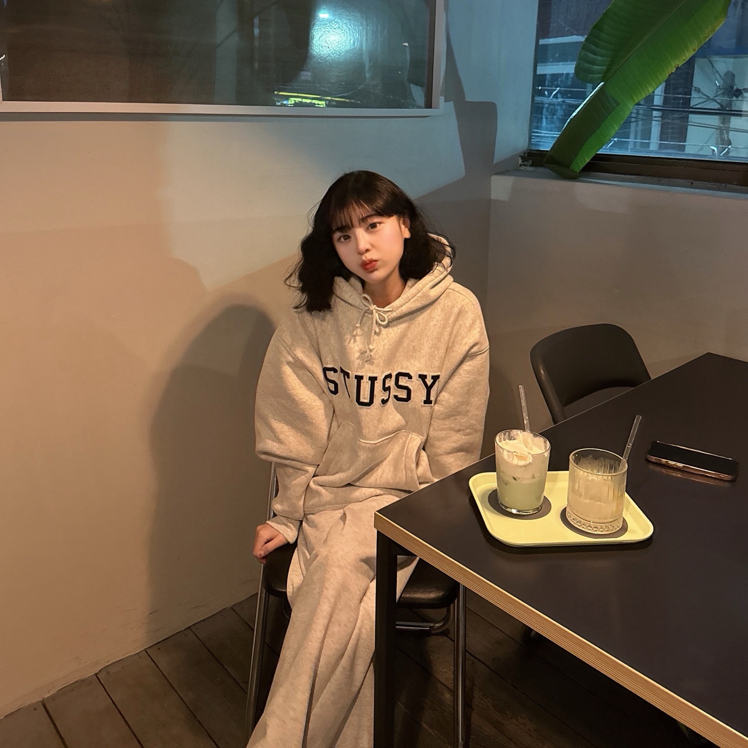 Stussy Felt Applique Hoodie Ash Heather 착용 스타일 - 1