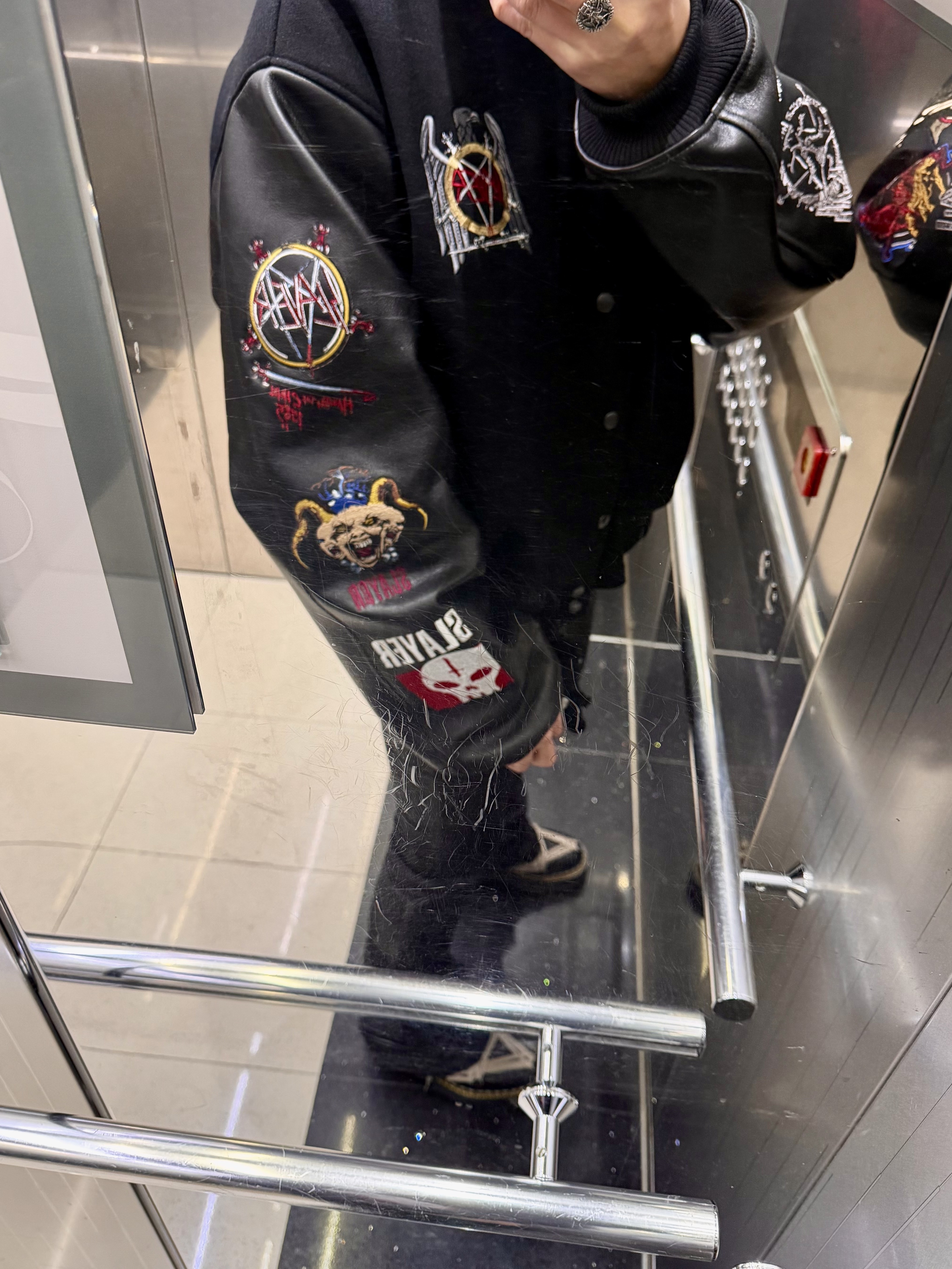 SLAYER  Undermycar Various Logo Embroidered Varsity Jacket Black, Dr. Martens x Rick Owens 1460 Quad Sole Mega Lace Boots Black 착용 스타일