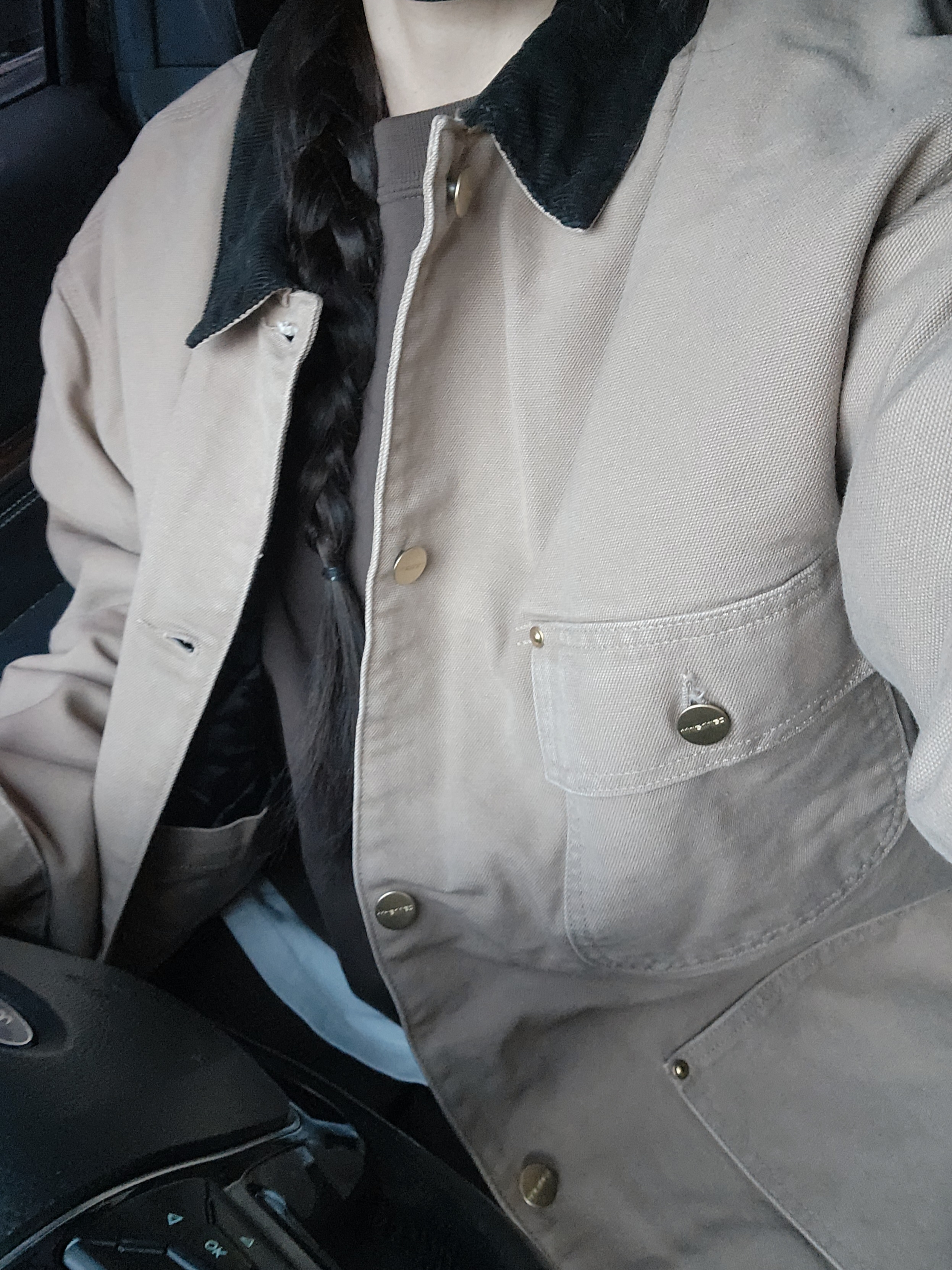 Carhartt WIP OG Chore Coat Peanut Black Aged Canvas, Nike Solo Swoosh Fleece Pants Baroque Brown White - Asia 착용 스타일