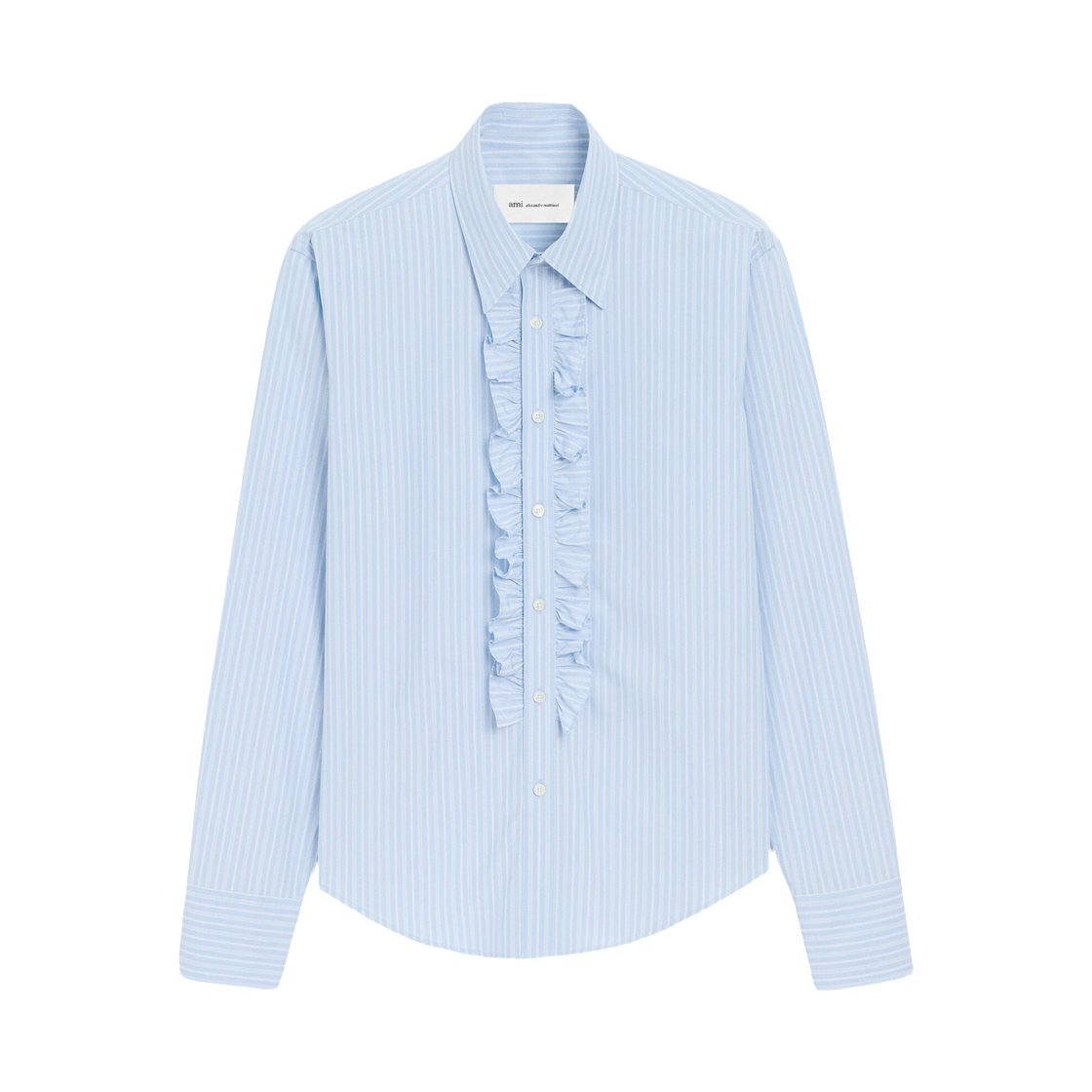 아미 블루 코튼 롱 슬리브 러플 어드저스티드 셔츠 캐시미어 블루 화이트(AMI Blue Cotton Long Sleeve Ruffled Adjusted Shirt Cashmere Blue  White) - 1