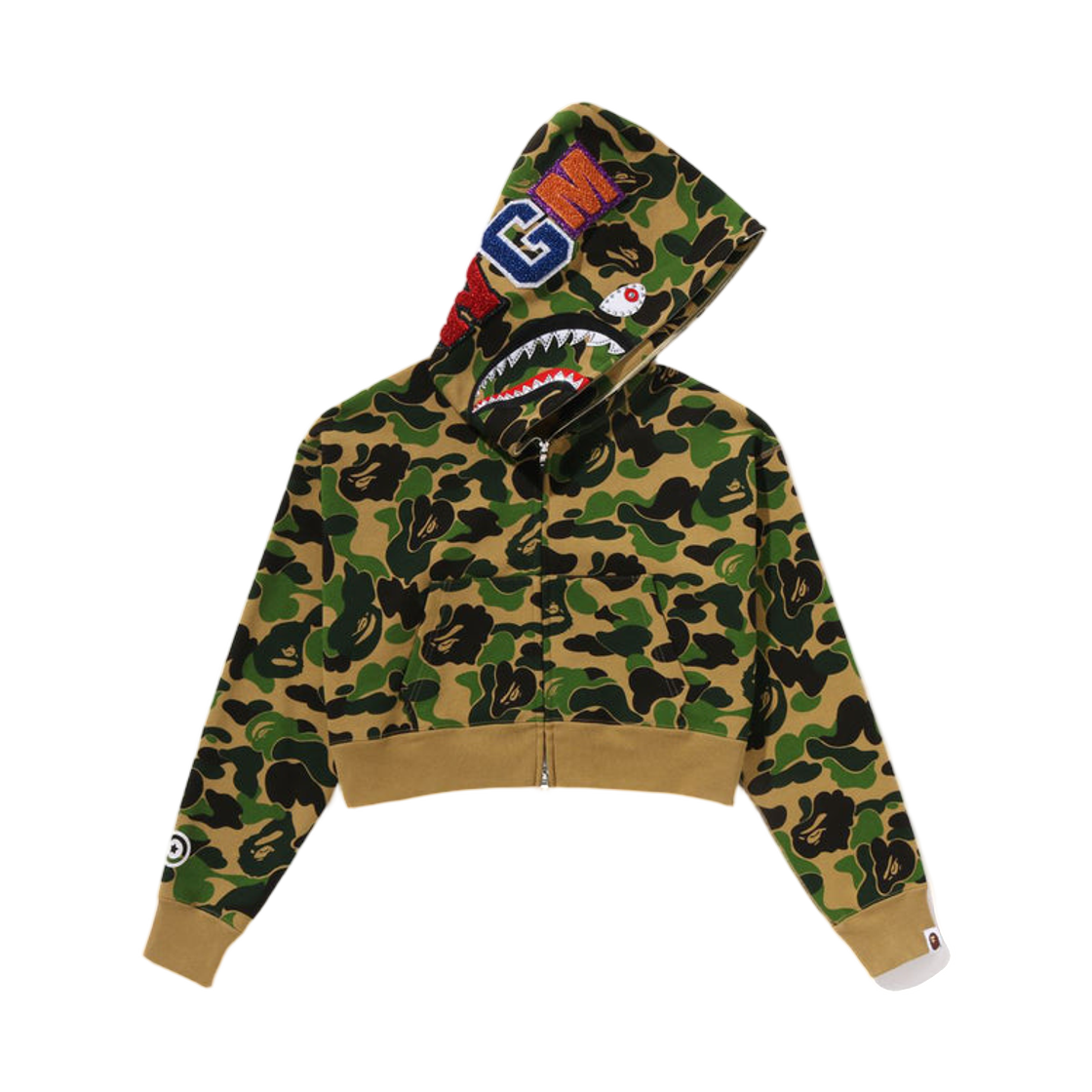 (W) 베이프 ABC 카모 크리스탈 스톤 샤크 크롭 풀 집 후드 그린((W) BAPE ABC Camo Crystal Stone Shark Cropped Full Zip Hoodie Green)