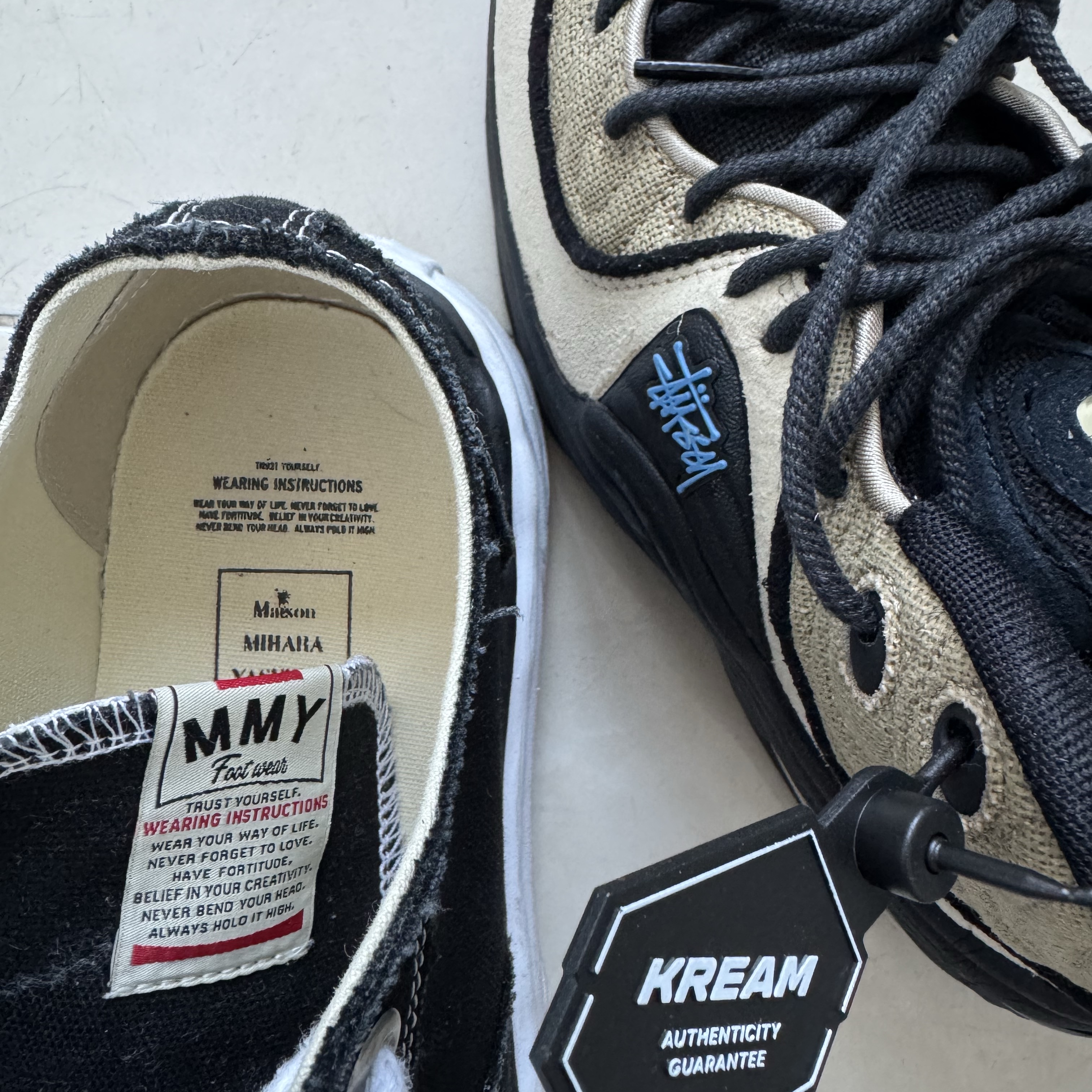 Nike x Stussy Air Penny II Rattan and Limestone, Maison Mihara Yasuhiro Peterson OG Sole Canvas Low Sneakers Black 착용 스타일