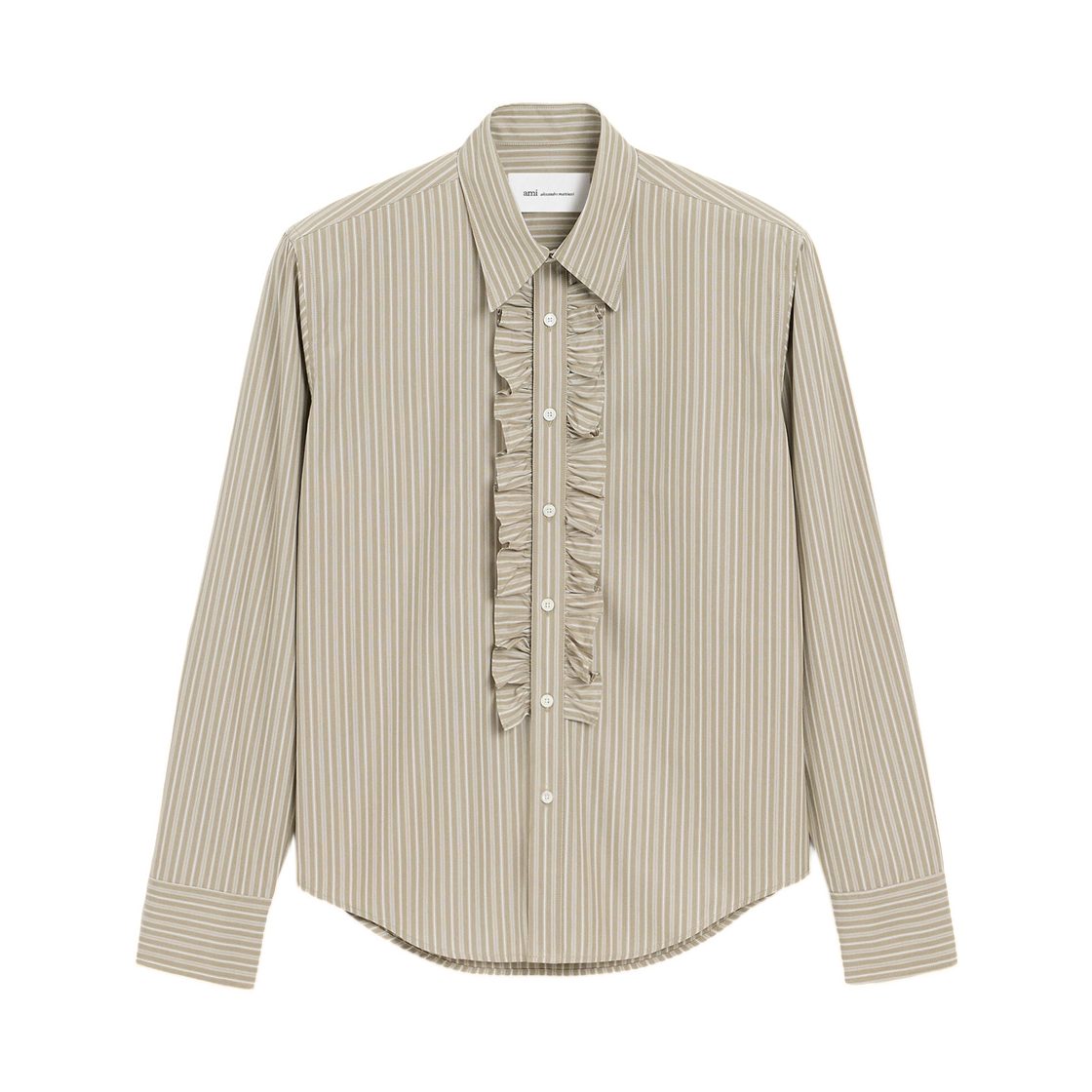 HSH820-CO0219-A040 AMI Beige Cotton Long Sleeve Ruffled Adjusted Shirt Taupe Beige White
