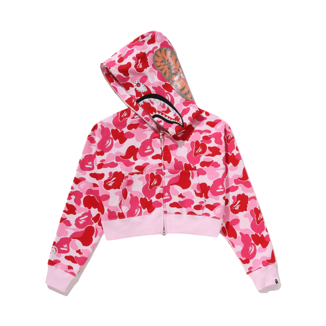 (W) 베이프 ABC 카모 크리스탈 스톤 샤크 크롭 풀 집 후드 핑크((W) BAPE ABC Camo Crystal Stone Shark Cropped Full Zip Hoodie Pink) - 2