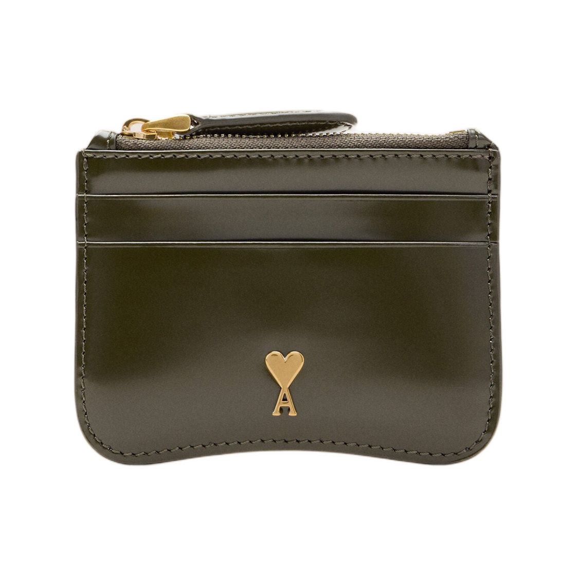 아미 그린 카우 레더 파리 파리 지퍼 카드 홀더 다크 카키(AMI Green Cow Leather Paris Paris Zipped Card Holder Dark Khaki)