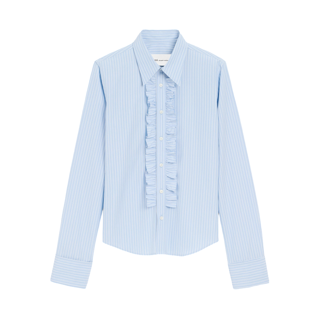 (W) 아미 블루 코튼 롱 슬리브 러플 어드저스티드 셔츠 캐시미어 블루 화이트((W) AMI Blue Cotton Long Sleeve Ruffled Adjusted Shirt Cashmere Blue  White) - 1