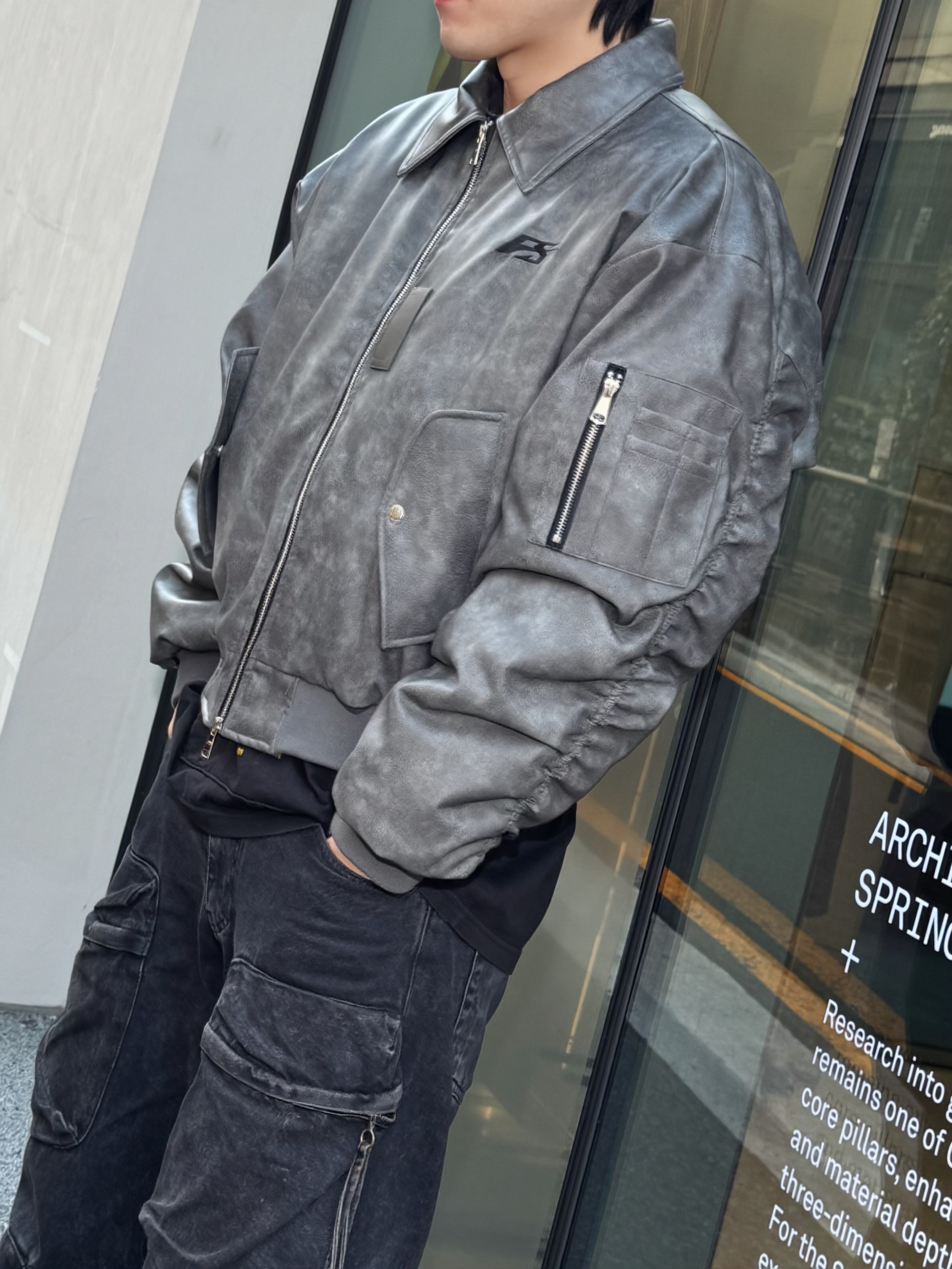 Force Sensitive FS Leather MA-1 Black, Zara Utility Pocket Jeans Black 착용 스타일 - 4