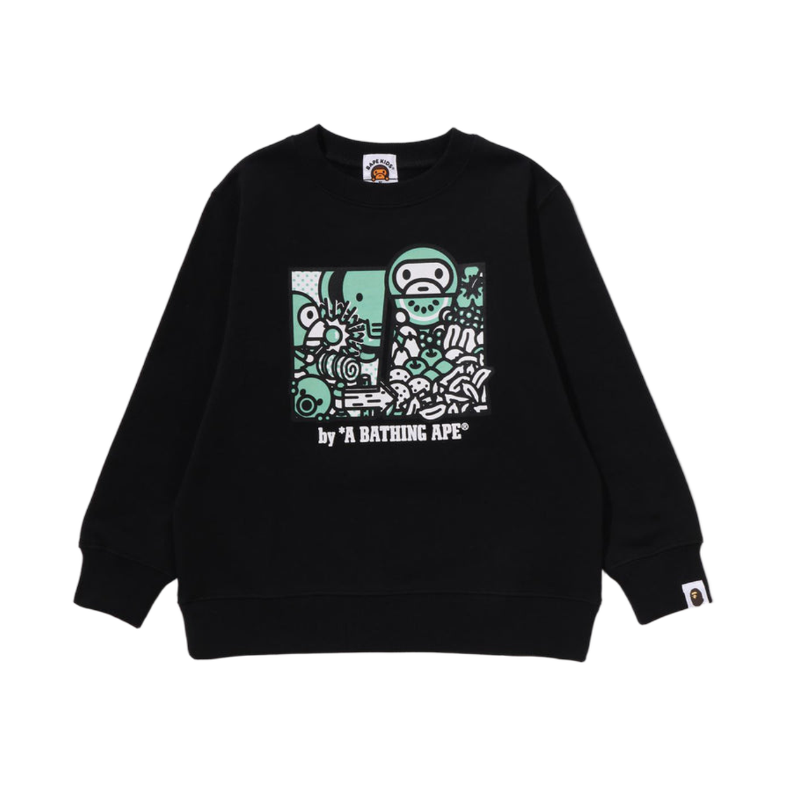 (키즈) 베이프 베이비 마일로 프렌즈 글로우 다크 크루넥 스웨트셔츠 블랙((Kids) BAPE Baby Milo Friends Glow In The Dark Crewneck Sweatshirt Black)