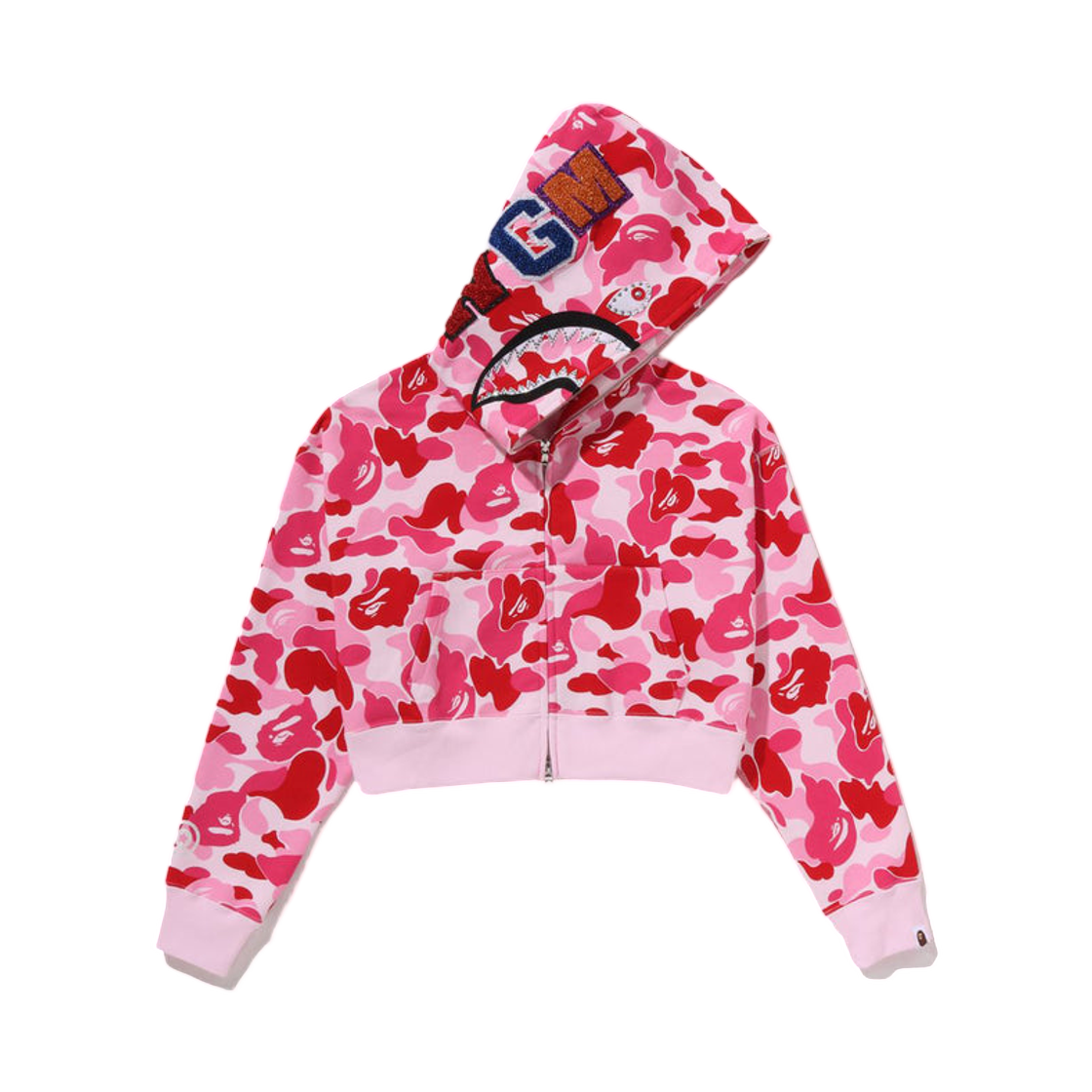 (W) 베이프 ABC 카모 크리스탈 스톤 샤크 크롭 풀 집 후드 핑크((W) BAPE ABC Camo Crystal Stone Shark Cropped Full Zip Hoodie Pink)