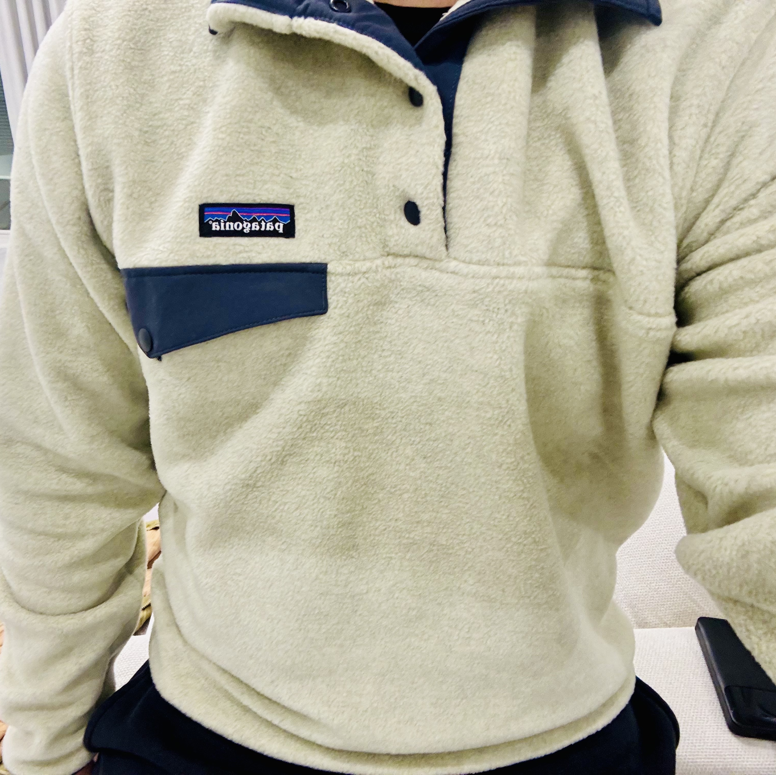 Patagonia Lightweight Synchilla Snap-T Fleece Pullover Oatmeal Heather/Smolder Blue/New Navy 착용 스타일 - 2