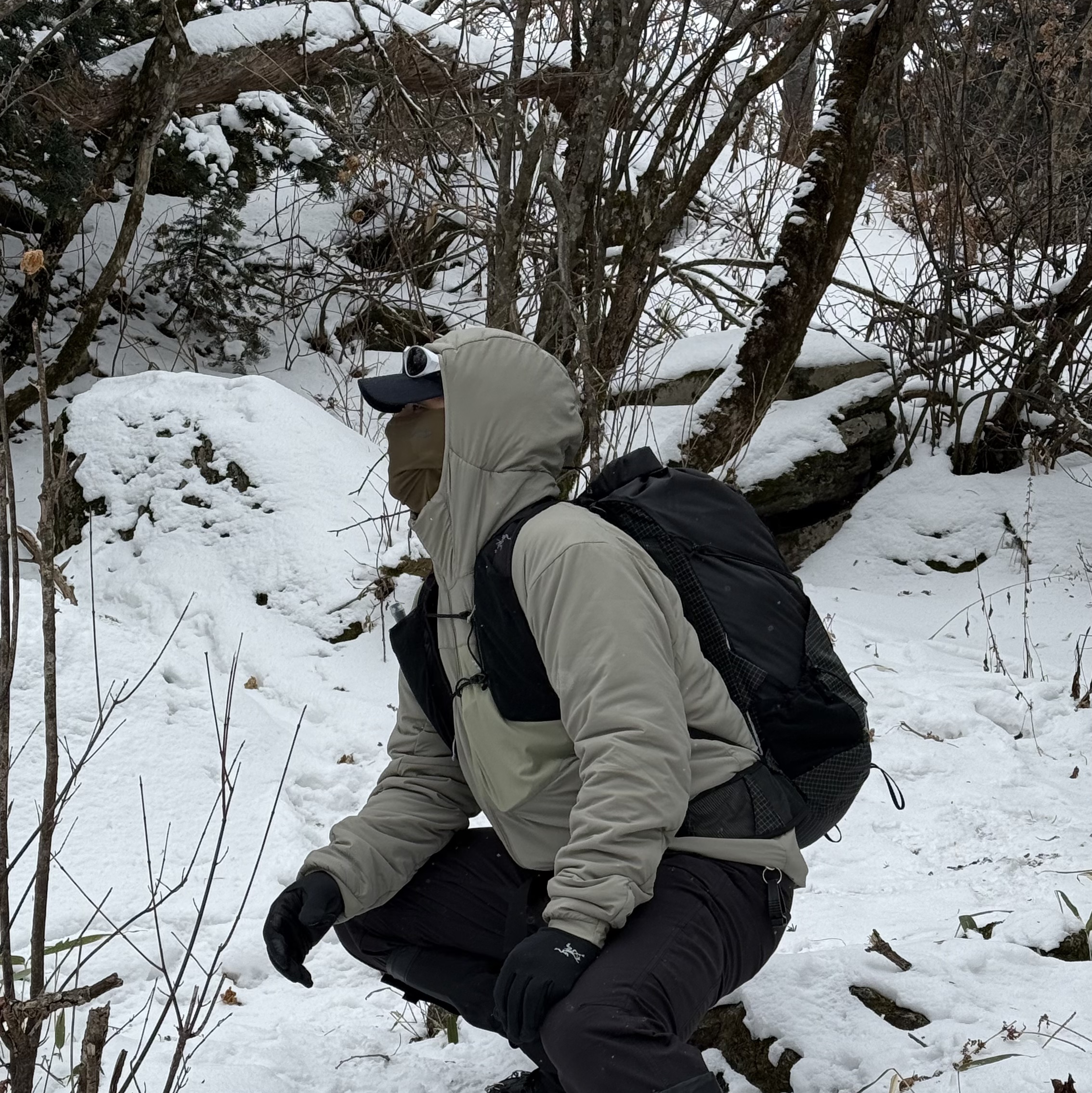 Arc'teryx Proton LT Hoody Distortion, Arc'teryx Aerios 35 Backpack Black 착용 스타일 - 1