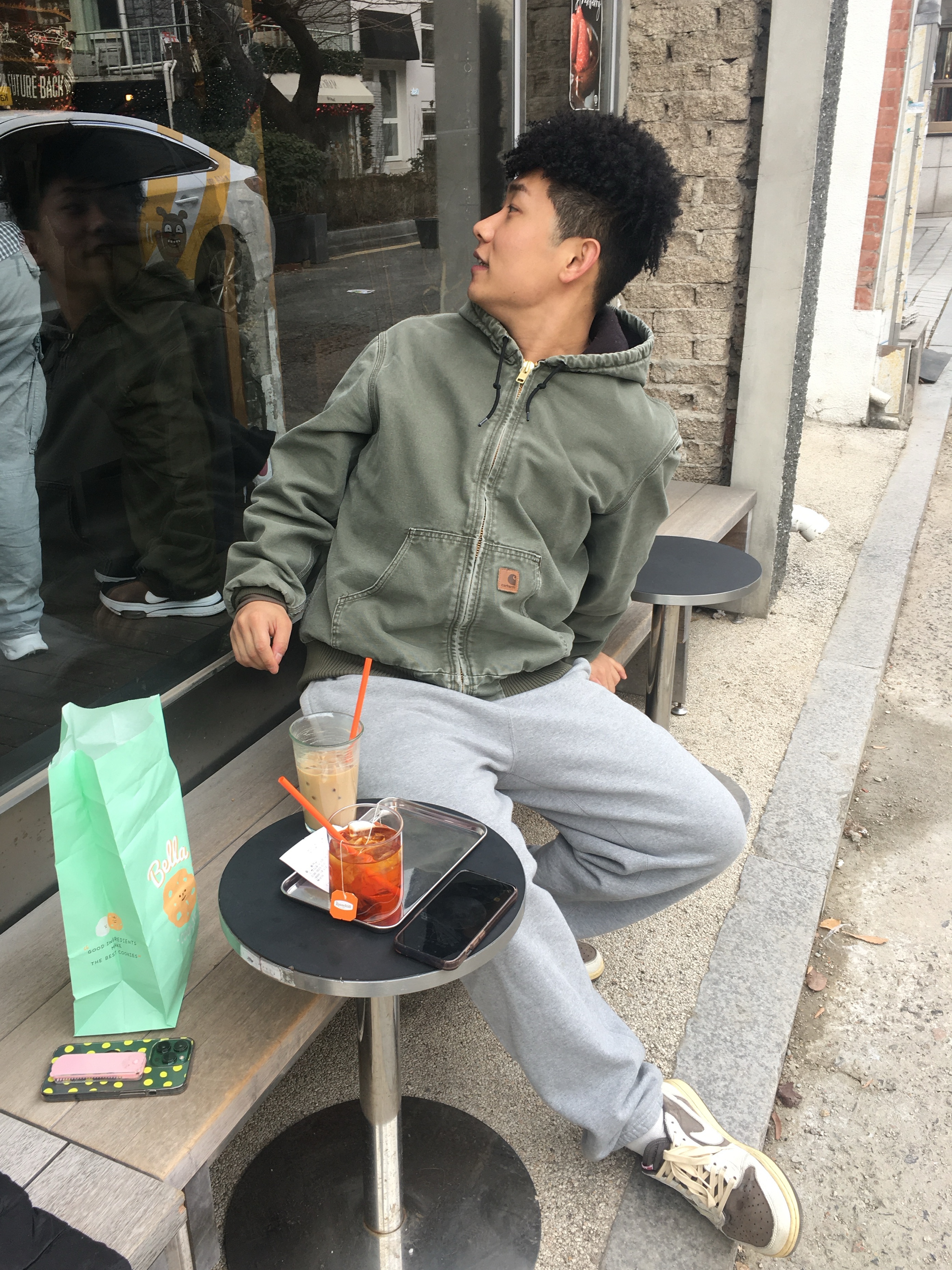 Carhartt WIP OG Active Jacket Olive Stone Canvas, Nike x Stussy Fleece Pants Grey Heather (FN5231-050) 착용 스타일 - 2
