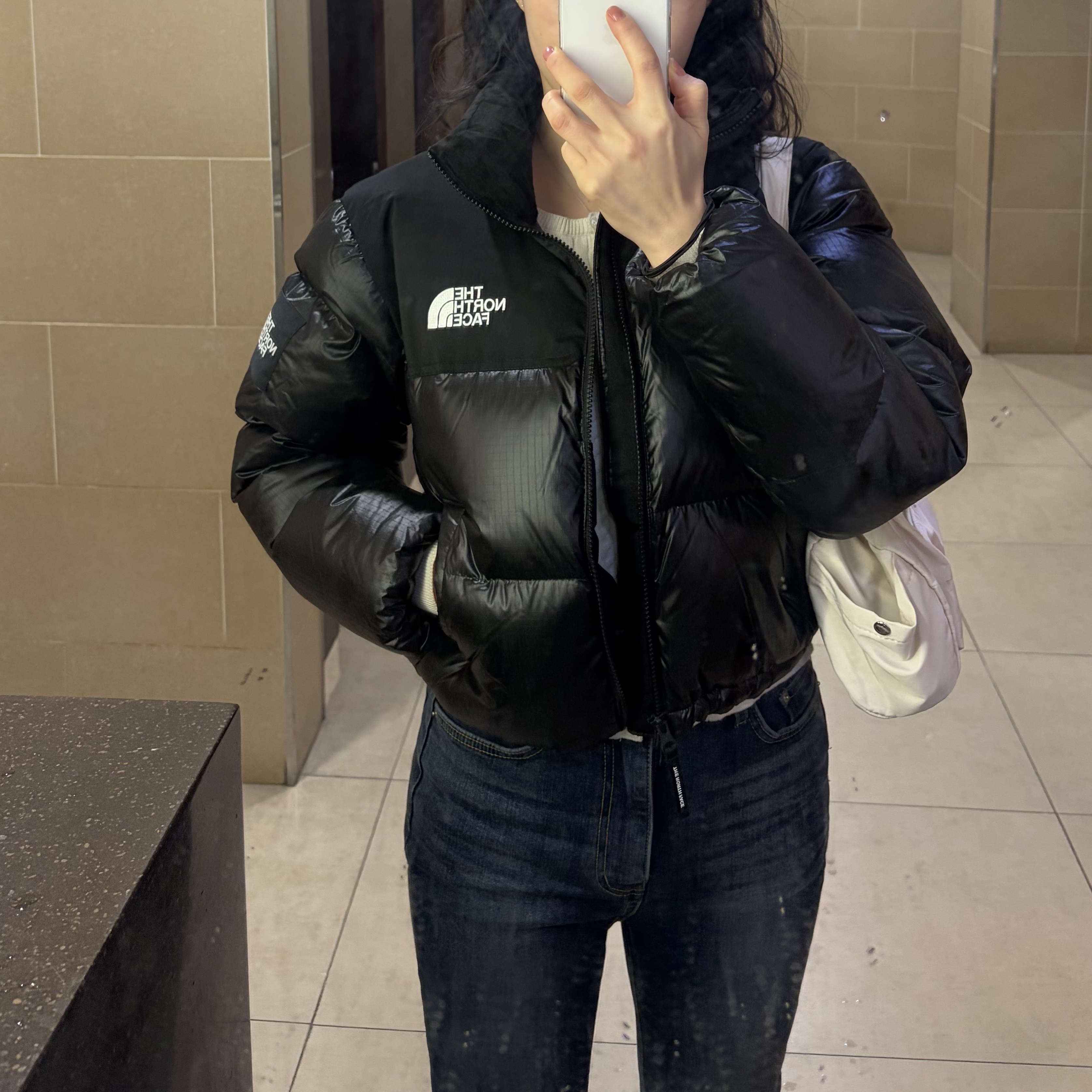 (W) The North Face White Label Novelty Nuptse Down Jacket Black 착용 스타일