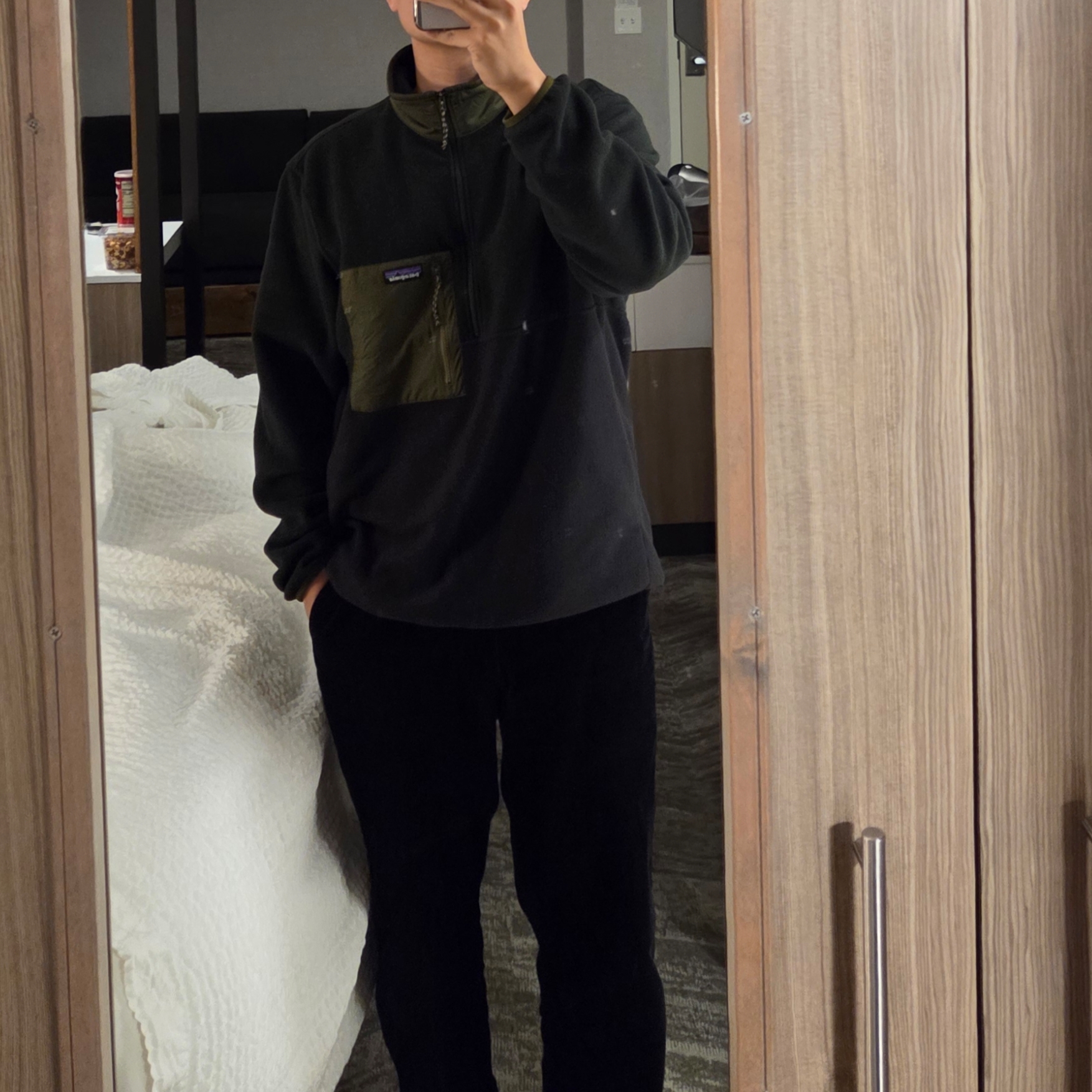 Patagonia Lightweight Synchilla Snap-T Fleece Pullover Deer Brown, Patagonia Microdini 1/2-Zip Fleece Pullover Black 착용 스타일 - 2