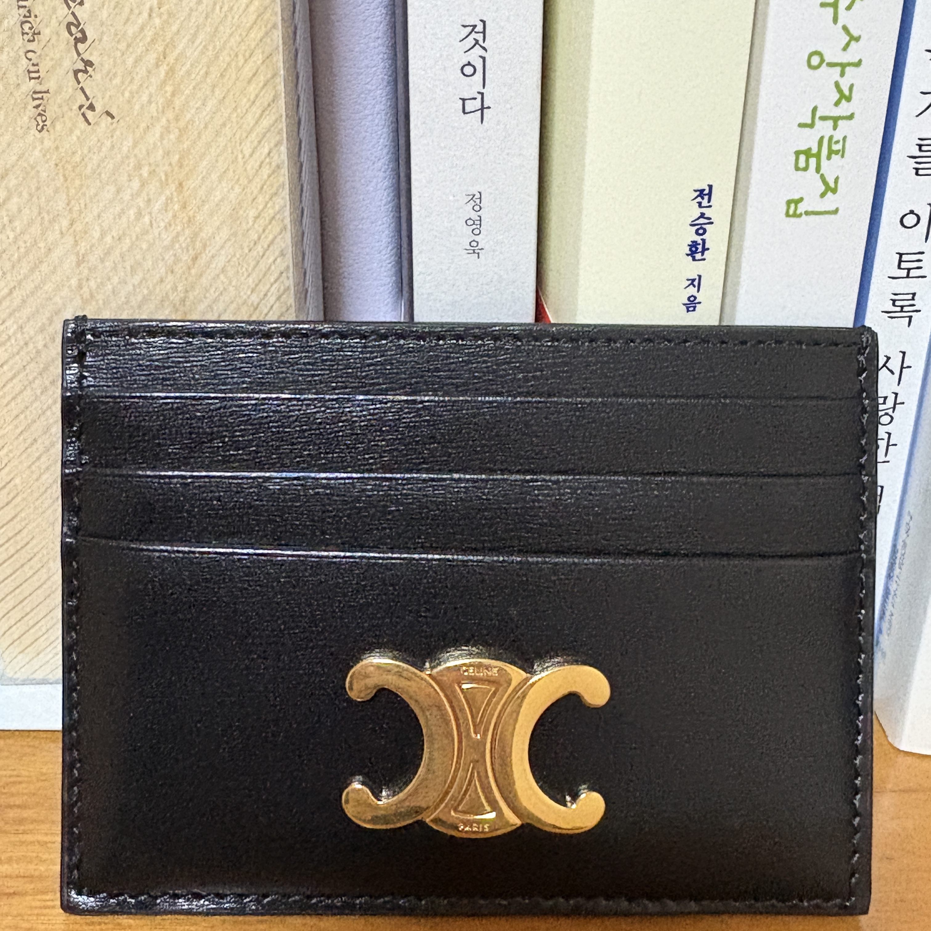 Celine Triomphe Card Holder in Shiny Calfskin Black 착용 스타일