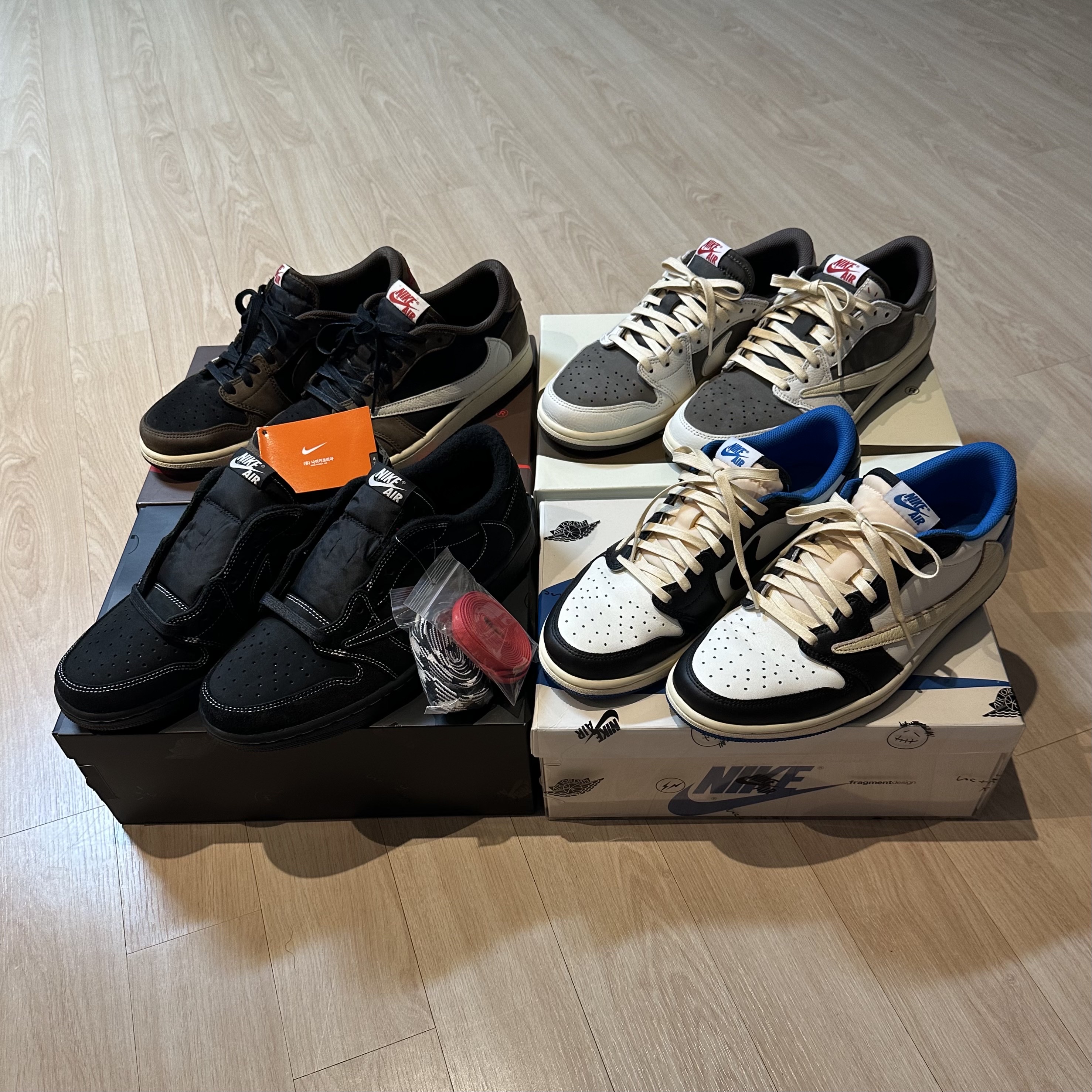 Jordan 1 x Travis Scott x Fragment Retro Low OG SP Military Blue, Jordan 1 x Travis Scott Retro Low OG SP Sail and Ridgerock 착용 스타일