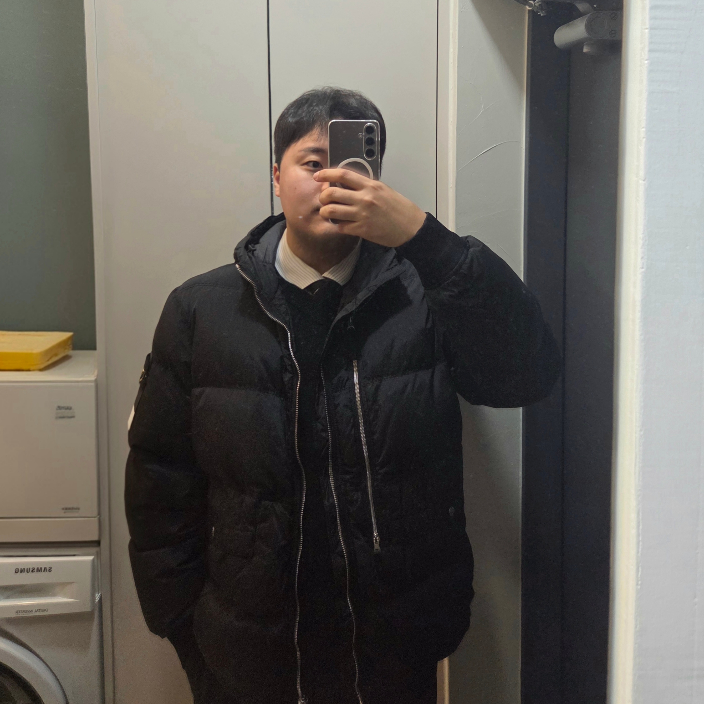 Stone Island 4100088 Nylon Metal In Econyl Hooded Down Parka with Anti-Drop and Zip Pockets Dark Teal Green - 25FW, Porter All New Tanker Tote Bag L Black 착용 스타일 - 1