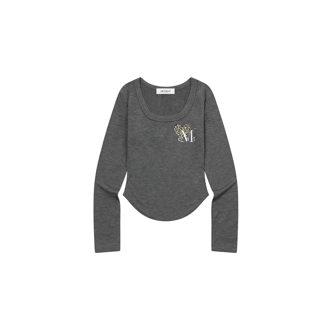 P0000BKH MUCENT Sierra Leopard Heart U-Neck Log Sleeve T (4Color) Charcoal - Leopard Brown