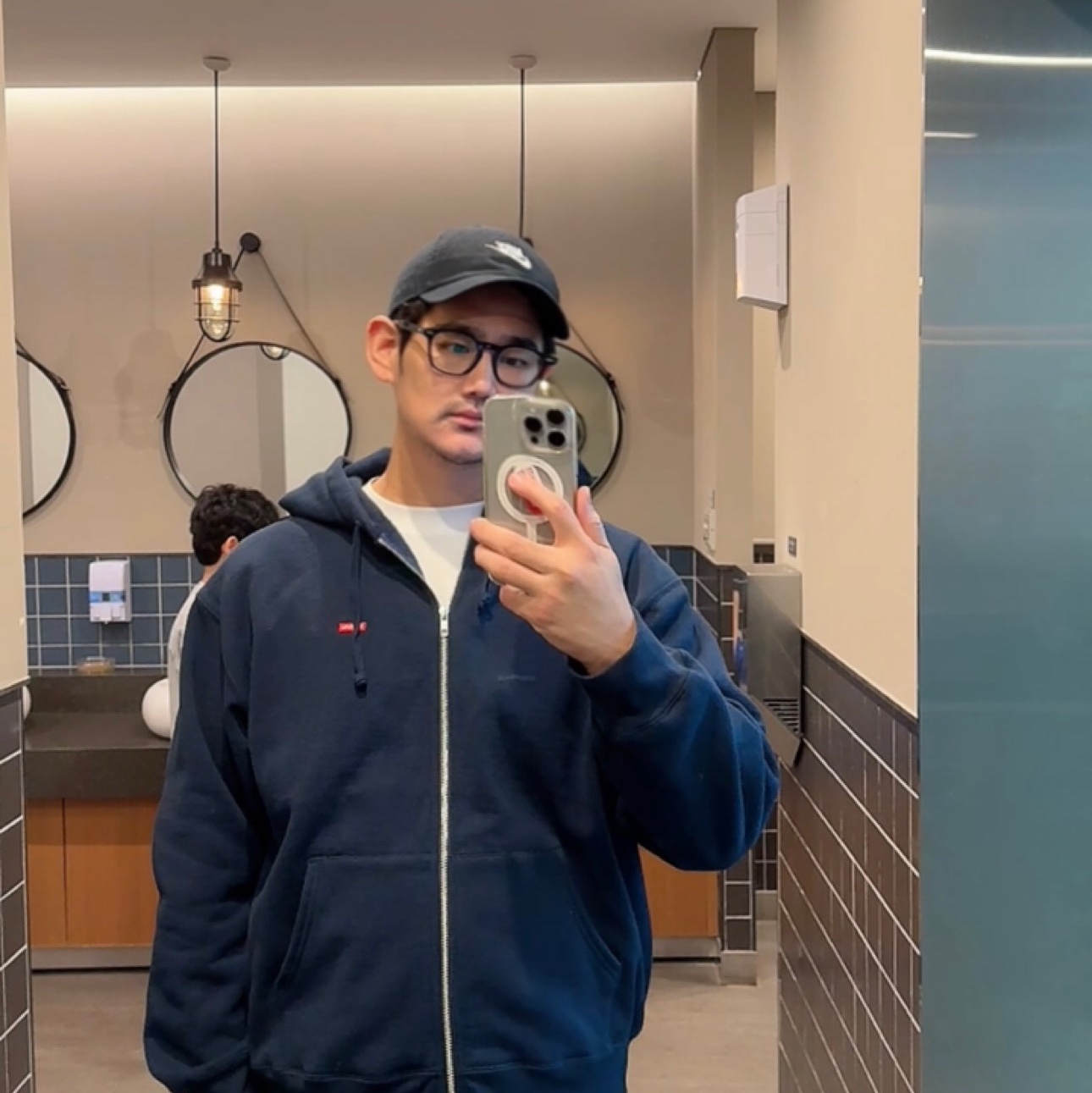 Supreme Small Box Zip Up Hooded Sweatshirt Navy - 24FW 착용 스타일