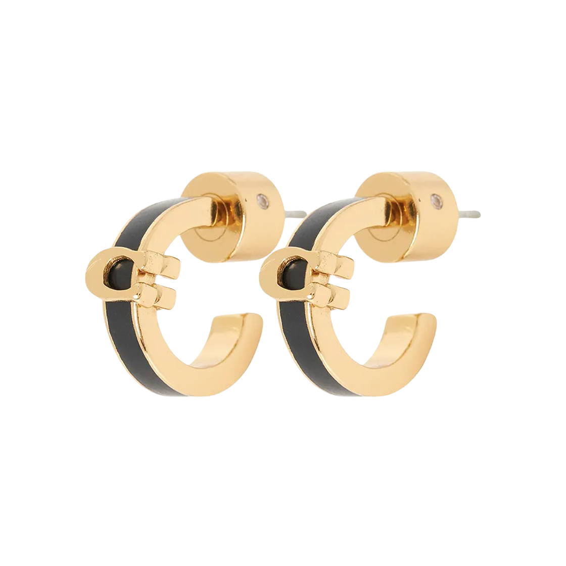 (W) 코치 시그니쳐 C 에나멜 힌지 뱅글 허기 이어링 골드 블랙((W) Coach Signature C Enamel Hinged Bangle Huggie Earrings Gold Black)