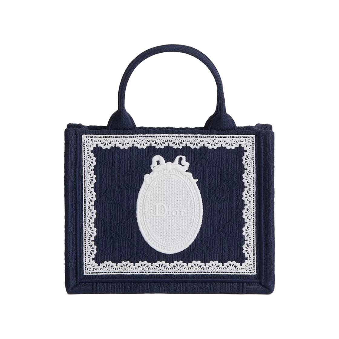 S5584PEHS-M928 Dior Book Tote Mini with Strap Dior Oblique Embroidery And Lace with Dior Medallion Blue White