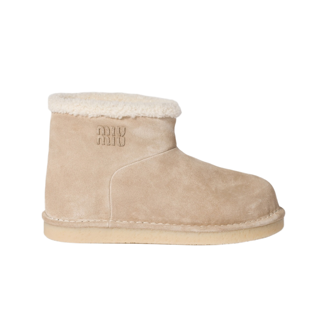 5T515E-Z0G-F0F24 (W) Miu Miu Suede and Shearling Booties Desert Beige