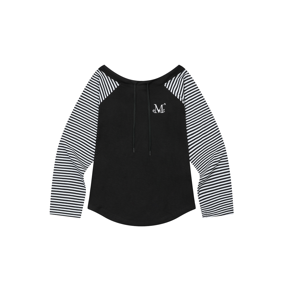 무센트 올리에 오프숄더 스트라이프 배색 나그랑 긴팔 티 (2컬러) 블랙(MUCENT Olie Off Shoulder Stripe Raglan T (2Color) Black) - 1