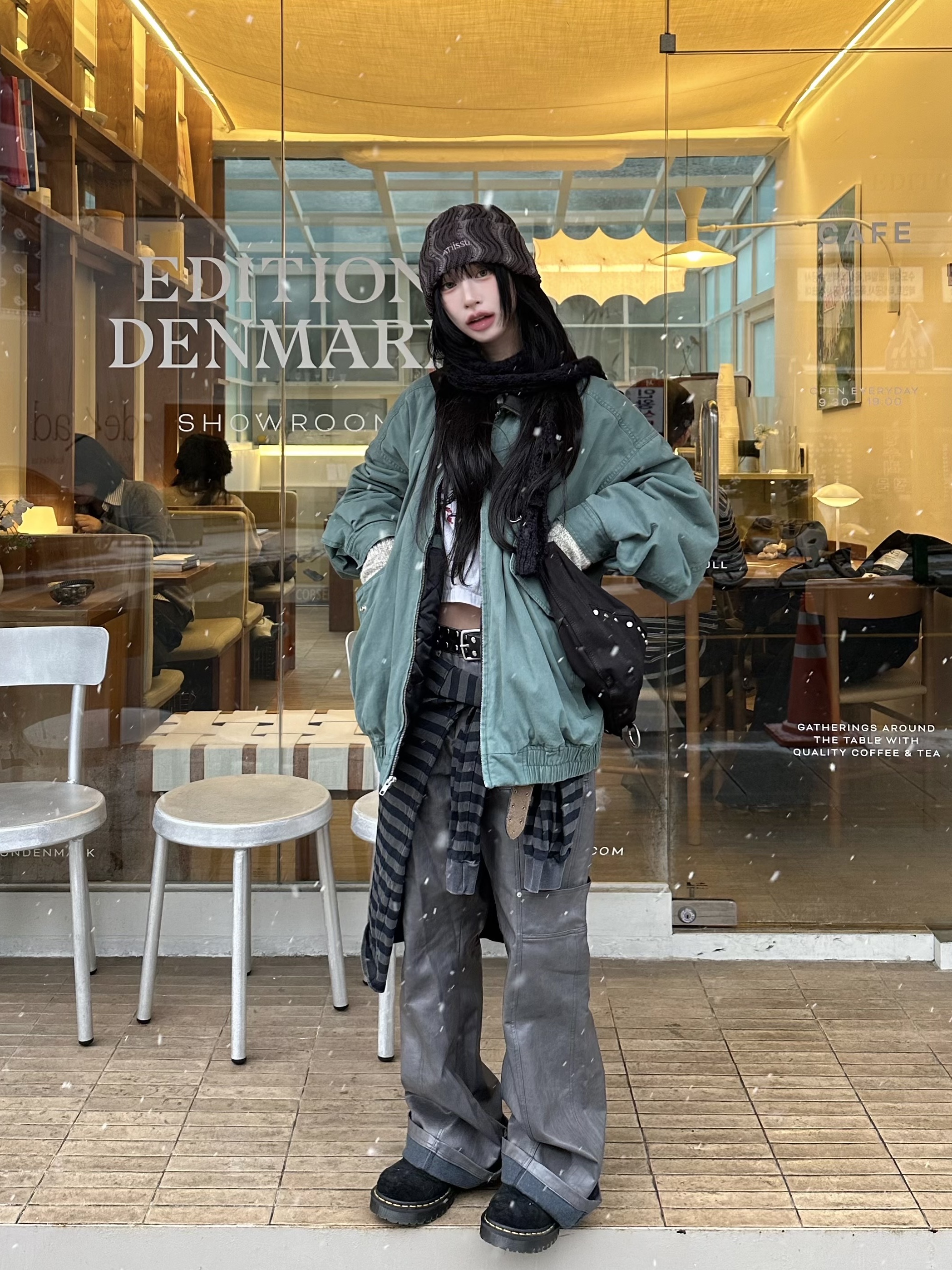 Atiissu Weave Beanie Gray, Supreme Leather Collar Utility Jacket Green - 23FW 착용 스타일 - 3