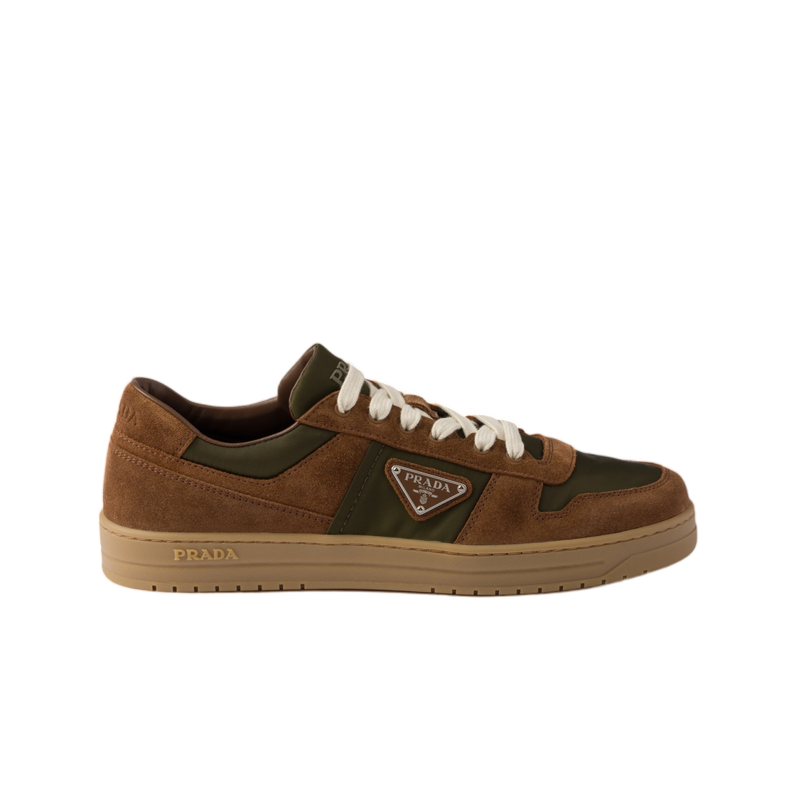 2EE364-LOW-F0M36 Prada Downtown Re-Nylon and Suede Sneakers Cocoa Brown Moss Green