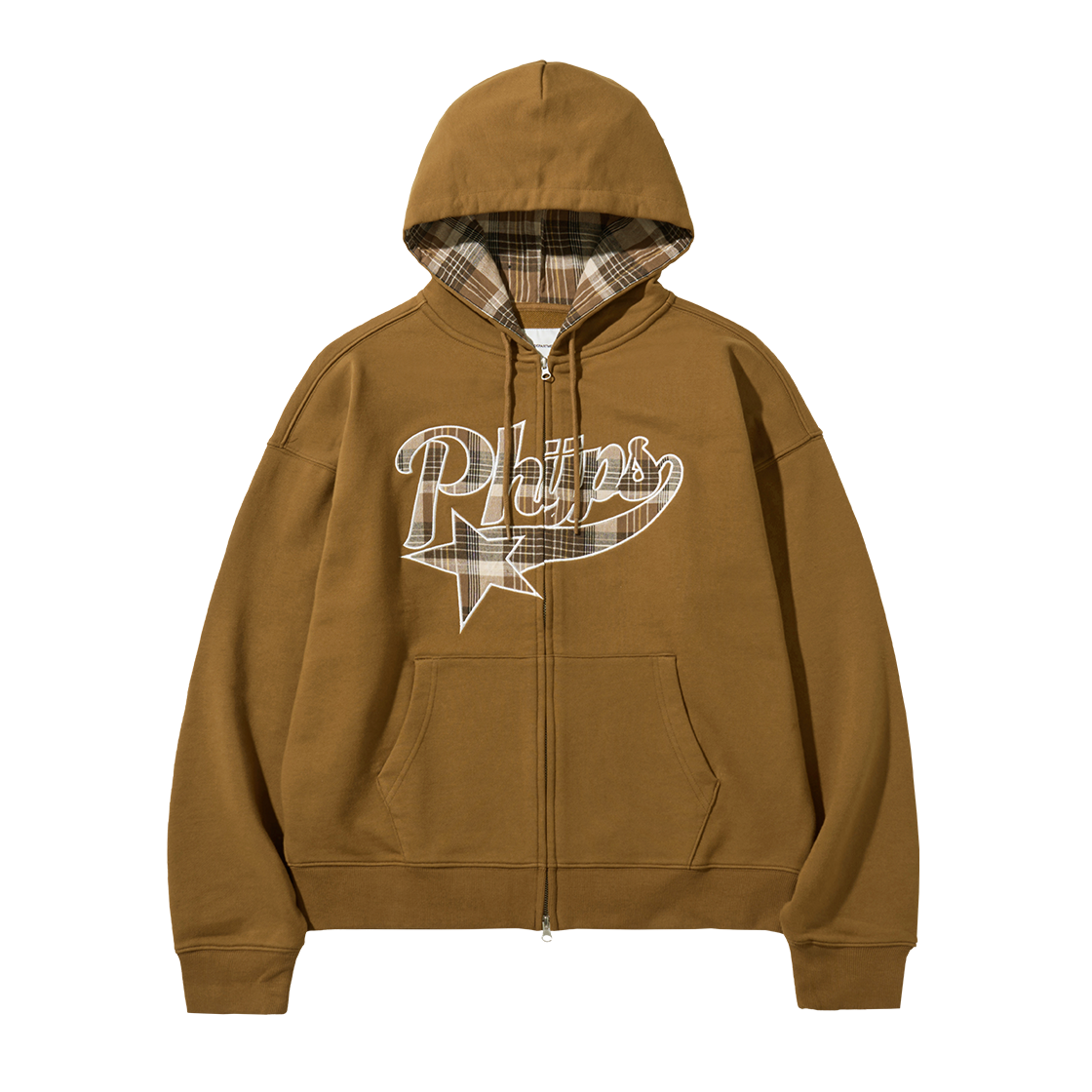 피지컬 디파트먼트 체크 스타테일 엘보우 패치 후드집업 머스타드(Phyps Dept Check Star Tail Elbow Patch Hoodie Zip-Up Mustard)