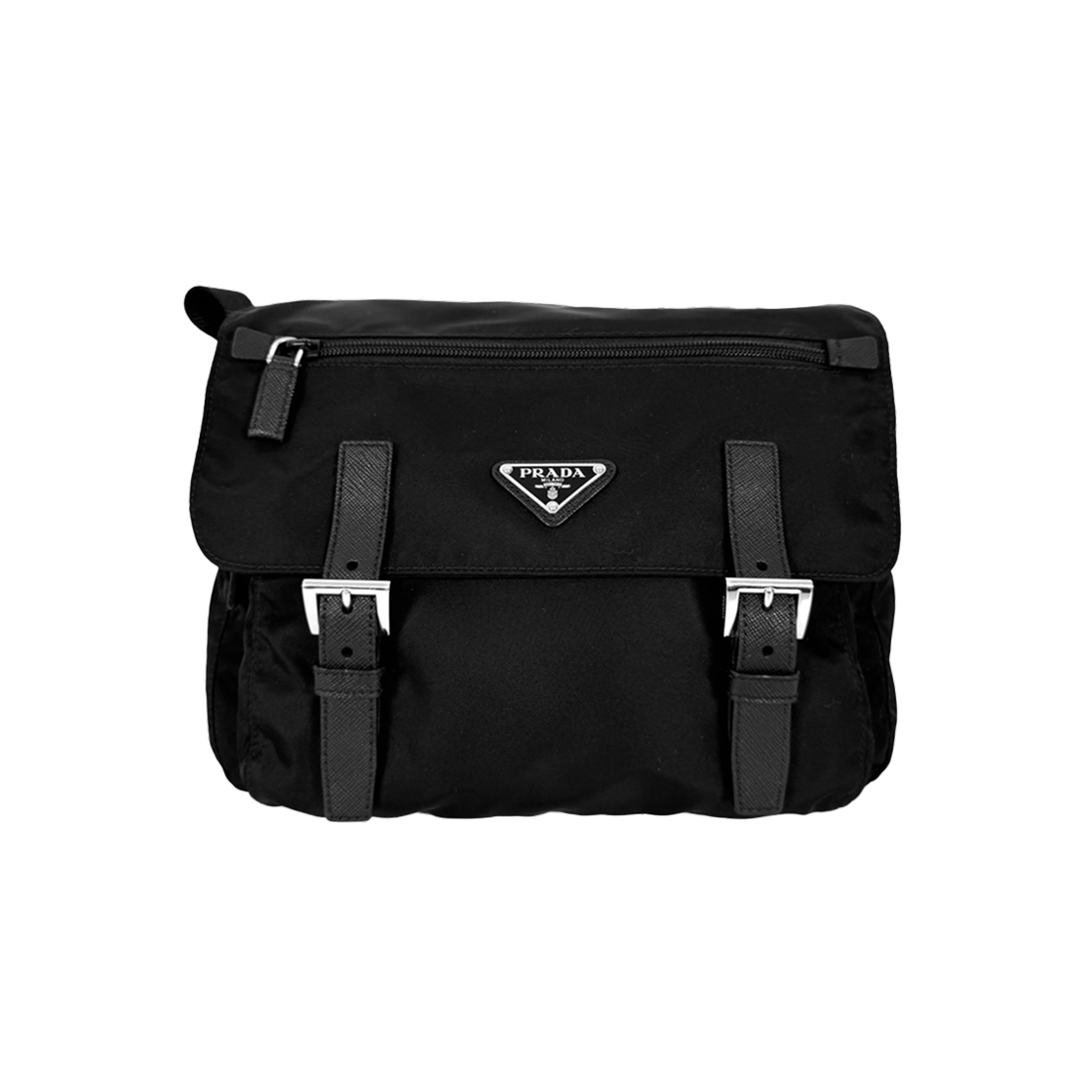 ITCC79HOQ8B7 Prada Re-Nylon Triangle Logo Two-Buckle Messenger Bag - Black Small