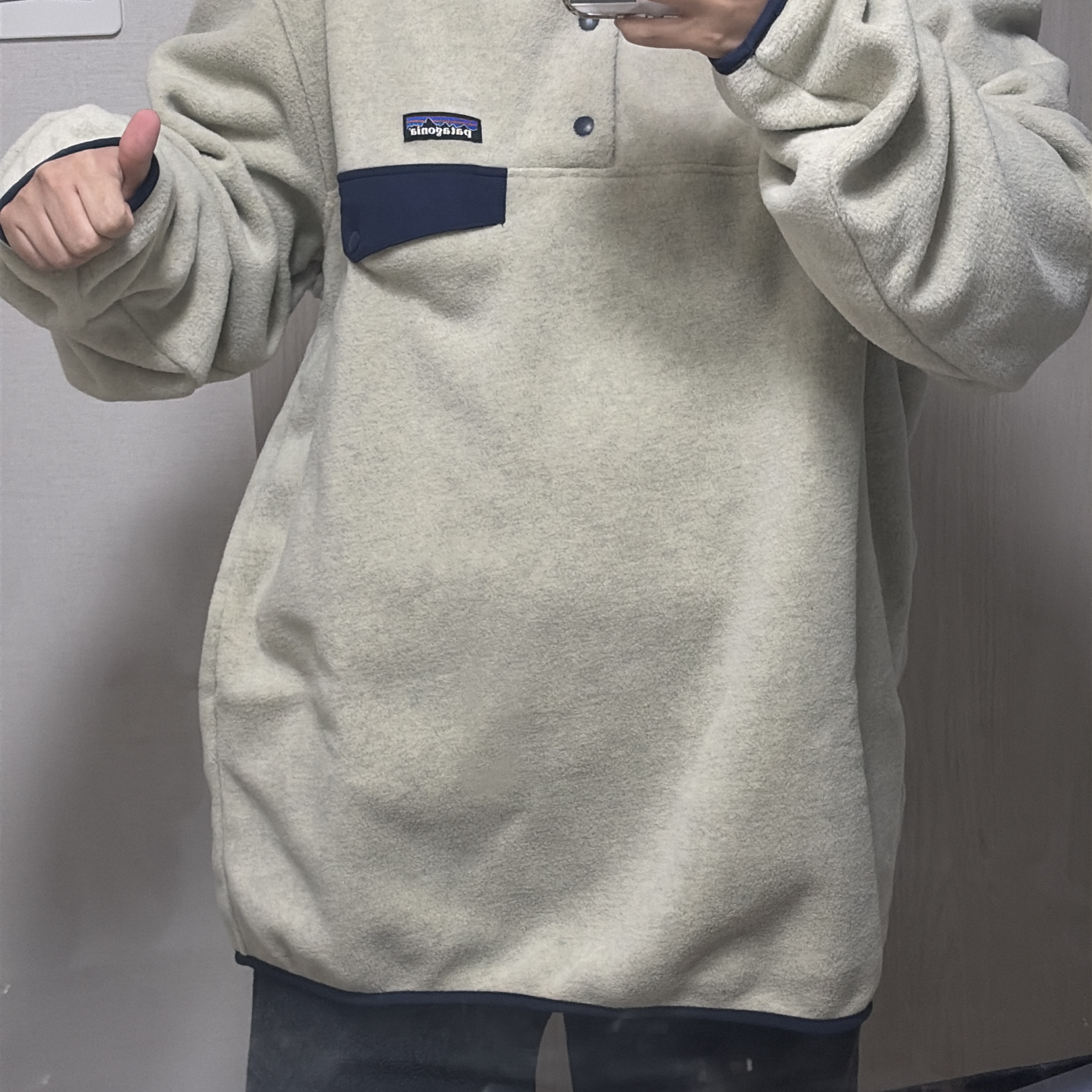 Patagonia Lightweight Synchilla Snap-T Fleece Pullover Oatmeal Heather/Smolder Blue/New Navy 착용 스타일