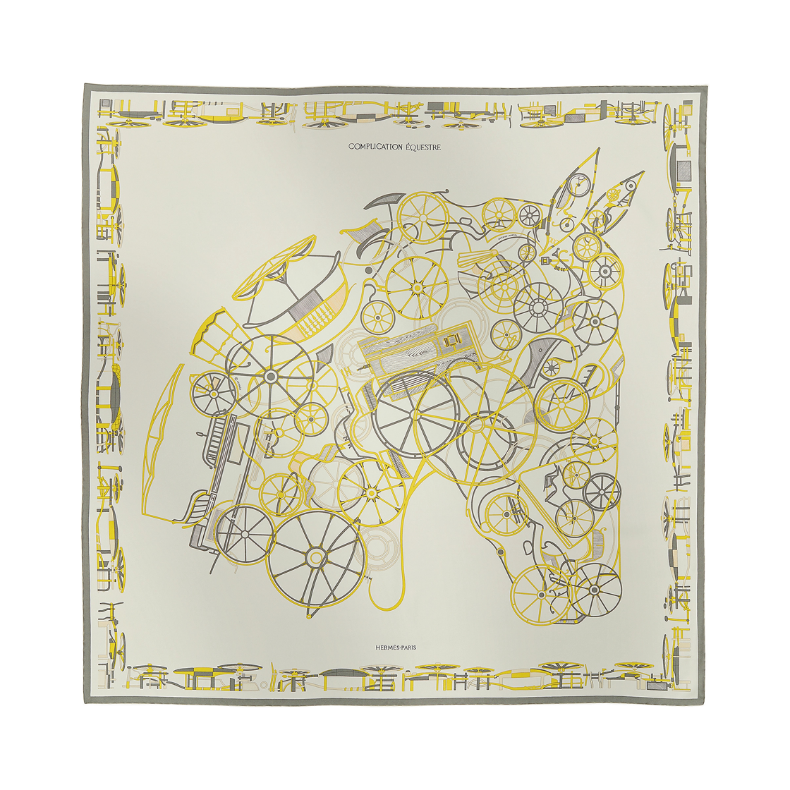 H004148S12 (W) Hermes Complication Equestre Scarf 90 Blanc Jaune Vif Etoupe