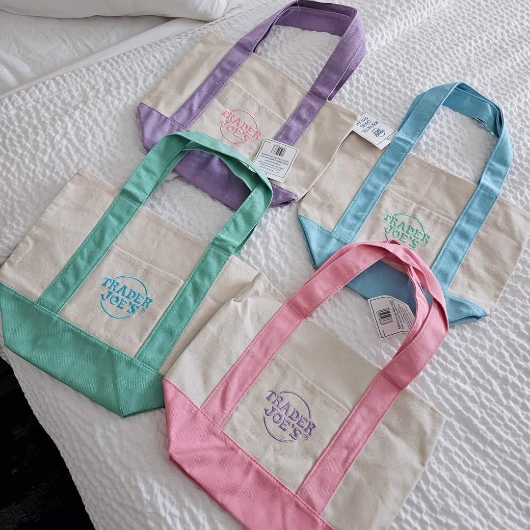 Trader Joe's Canvas Tote Bag Navy, Trader Joe's Mini Pastel Canvas Tote Bag Lavender 착용 스타일 - 2