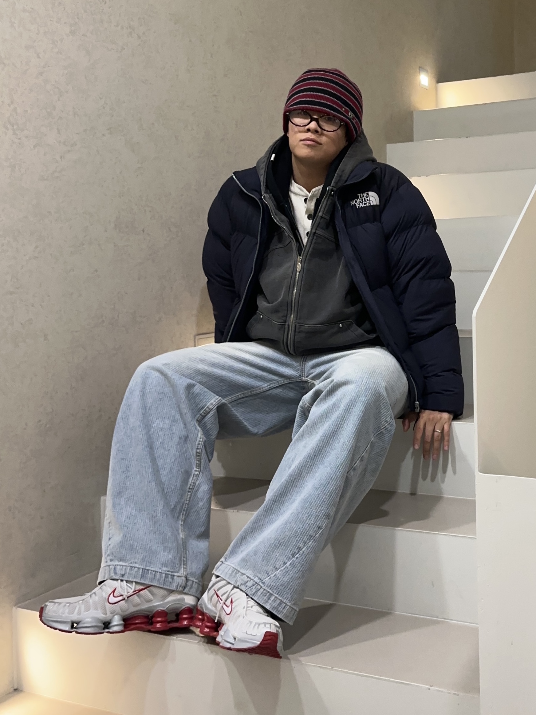 (W) Nike Shox TL Platinum Tint, noun Corduroy Denim Pants Light Blue 착용 스타일 - 2
