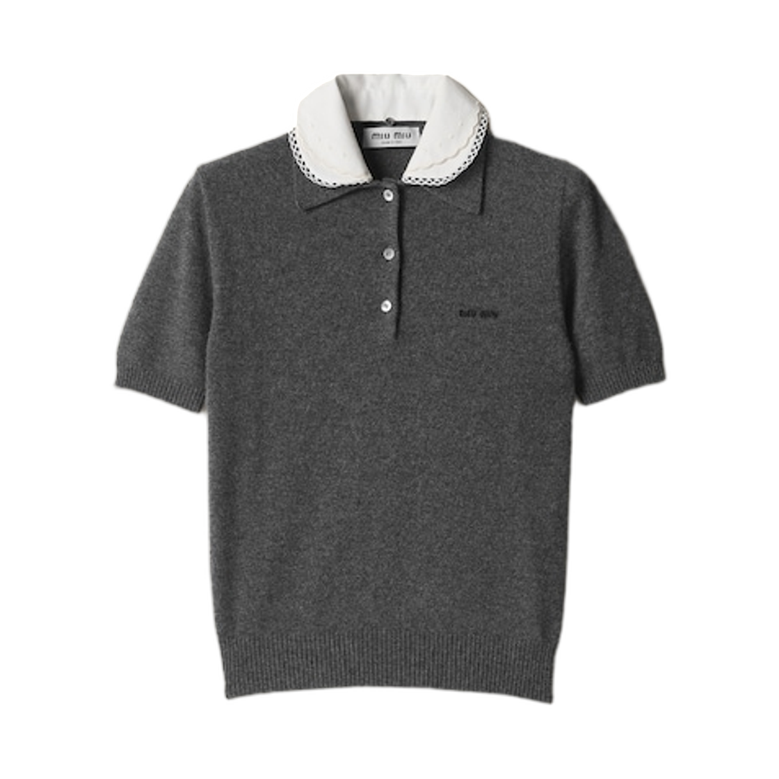 MML03Z-17JF-F0480 (W) Miu Miu Cashmere Polo with Embroidered Poplin Collar Slate Gray