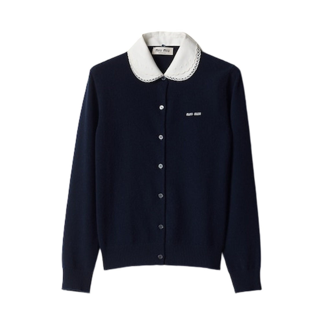 MMF01S-17JF-F0008 (W) Miu Miu Cashmere Cardigan with Embroidered Poplin Collar Navy