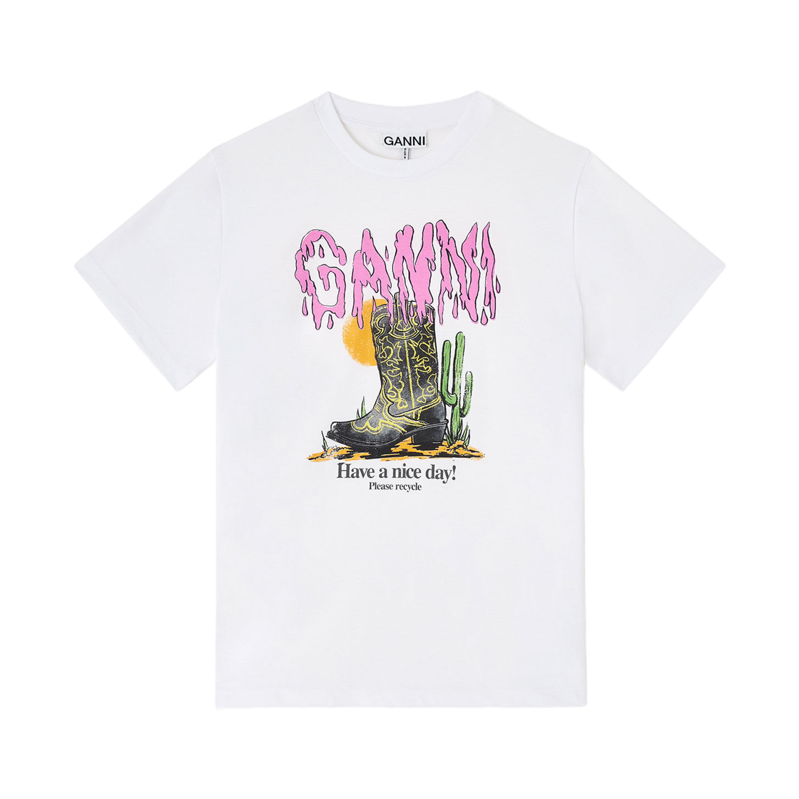 (W) 가니 웨스턴 부츠 프린트 티셔츠 브라이트 화이트((W) Ganni Western Boot Print T-shirt Bright White) - 1