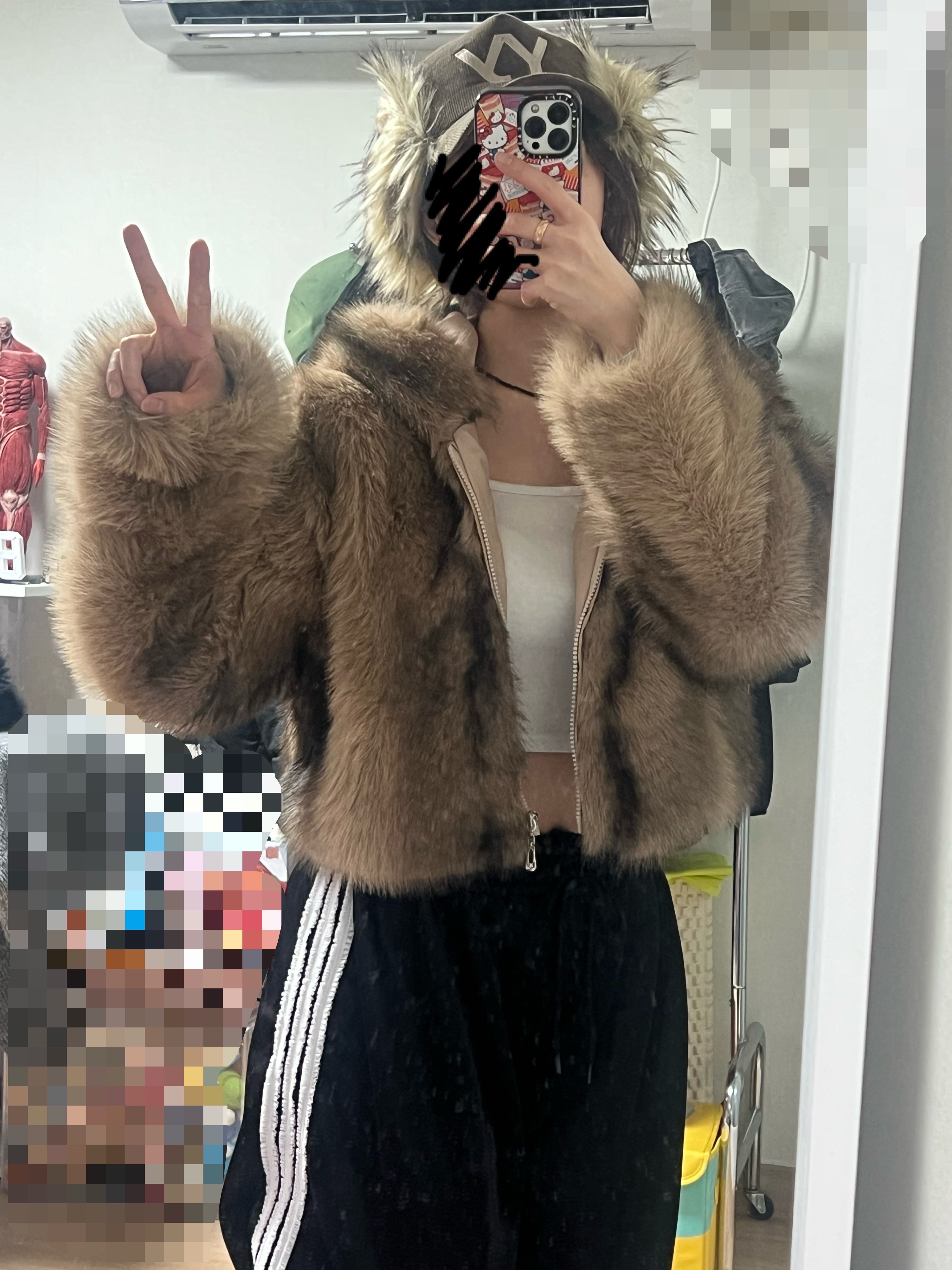 Open Yy Faux Fur Corduroy Earflap Cap Khaki 착용 스타일