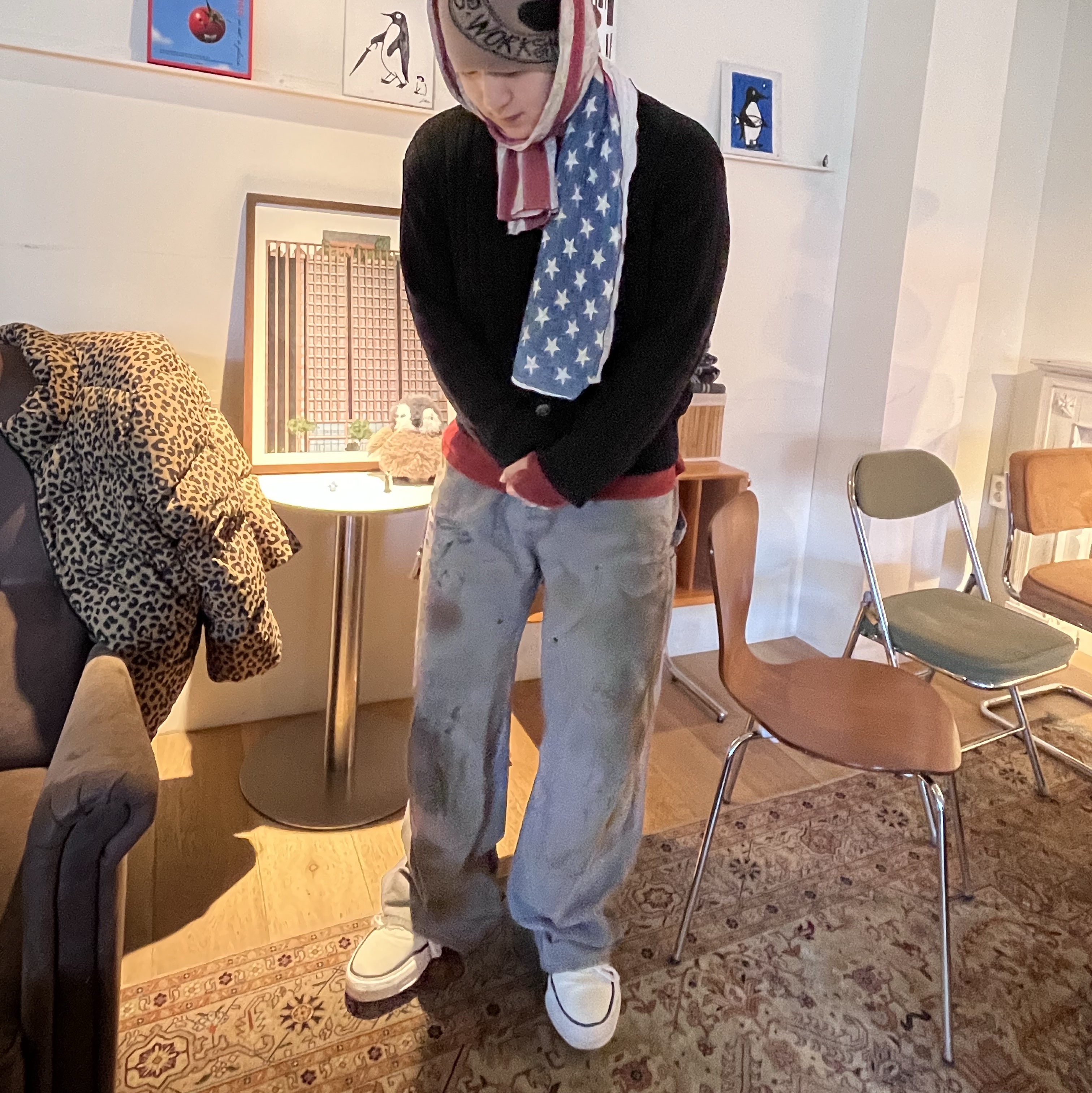 Maison Mihara Yasuhiro Baker OG Sole Canvas Low Cut Sneakers White, Stussy x Our Legacy Work Shop Skullcap Pale Brown 착용 스타일 - 1