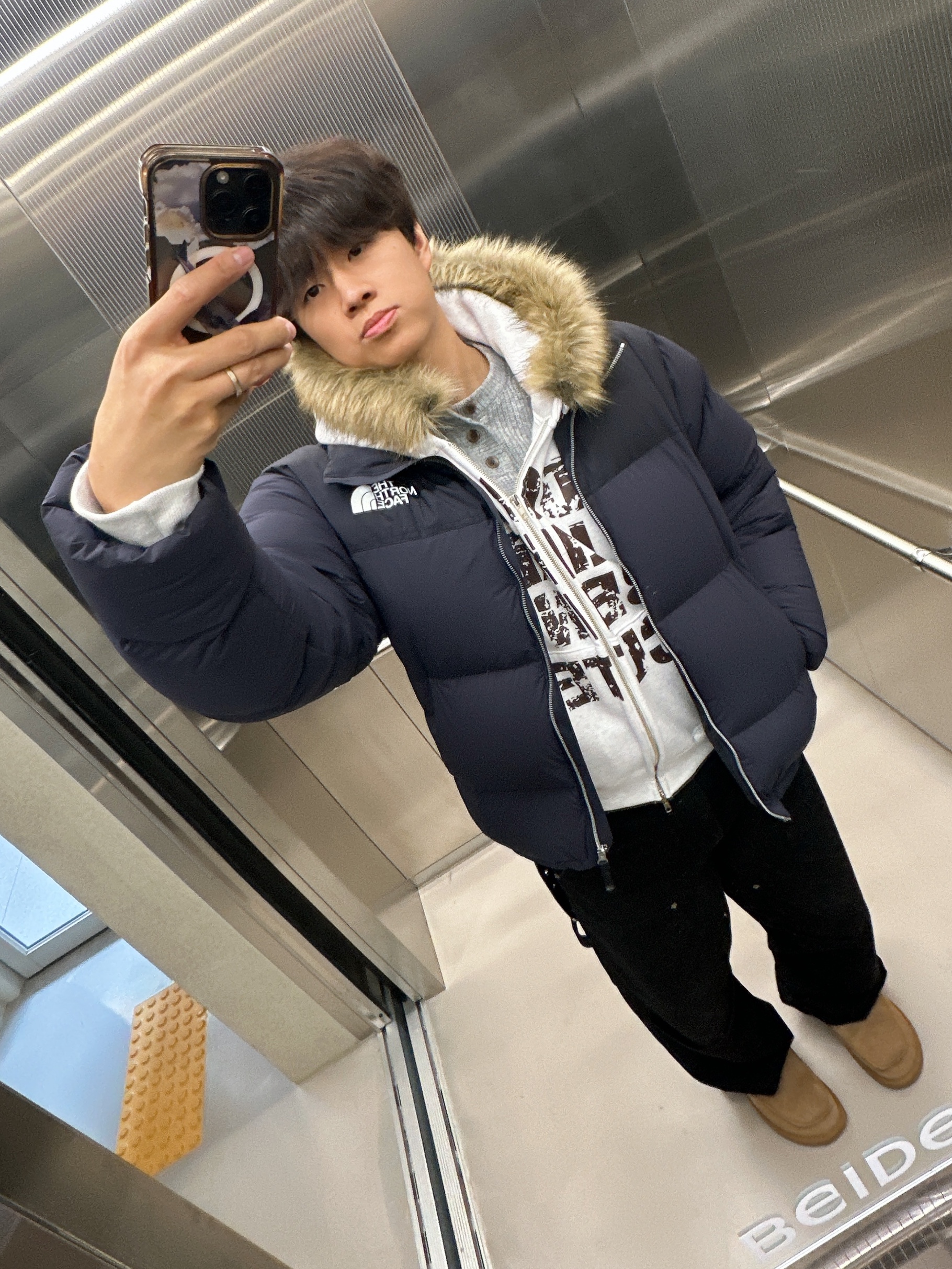 Aoiro Cutted Double Knee Pants Black Pearl, The North Face RMST Nuptse Jacket Summit Navy 착용 스타일 - 1