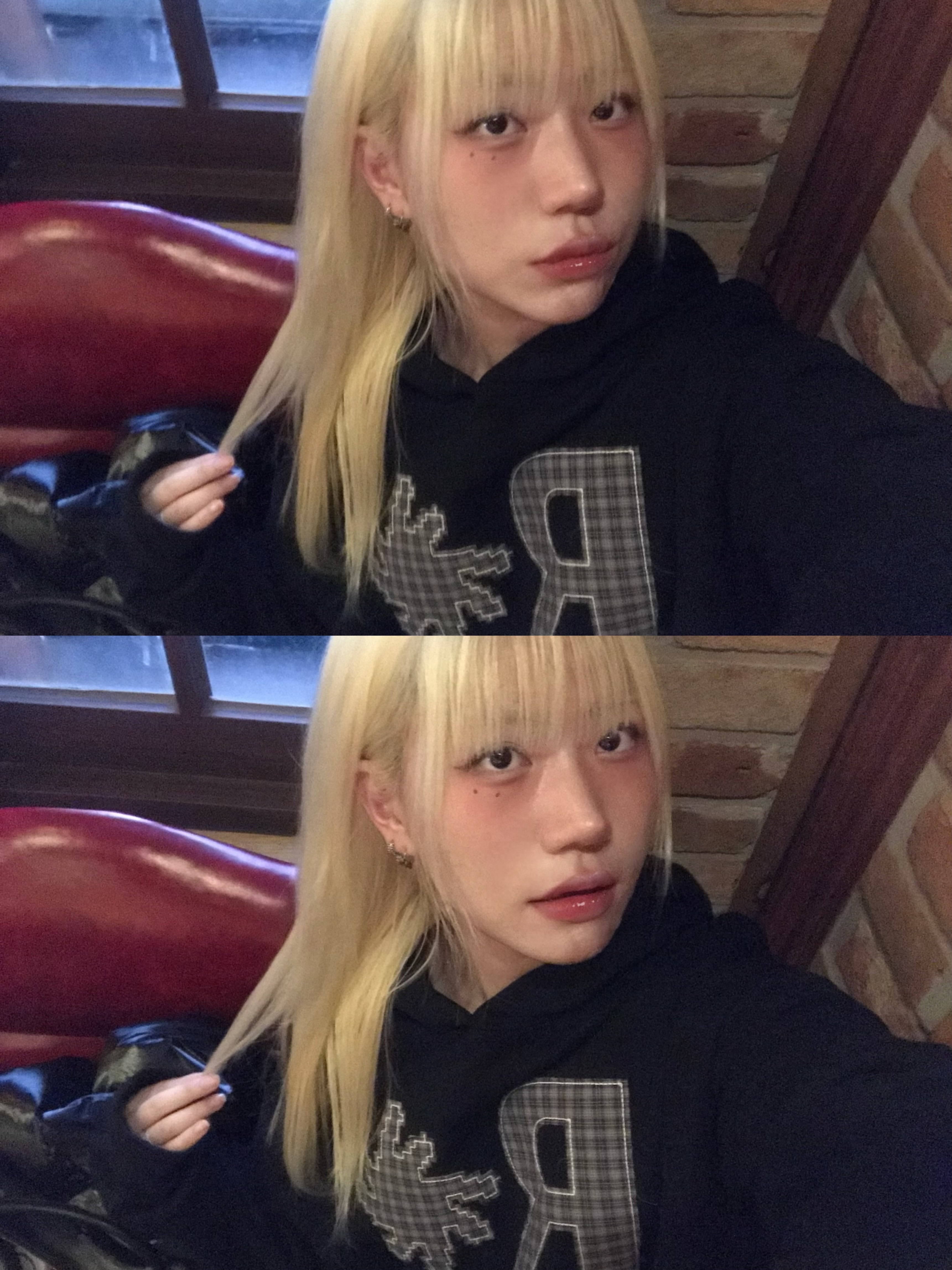 SLOW RECORD HOUSE Check Patch Hoodie Black 착용 스타일 - 9