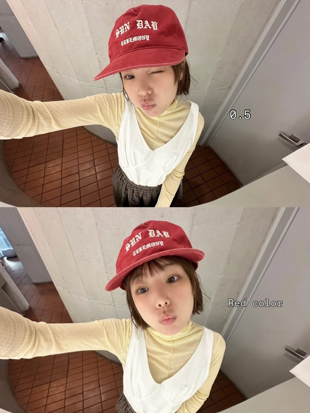 Sunday Ceremony Vintage Washed 5 Panel Cotton Cap - Red 착용 스타일