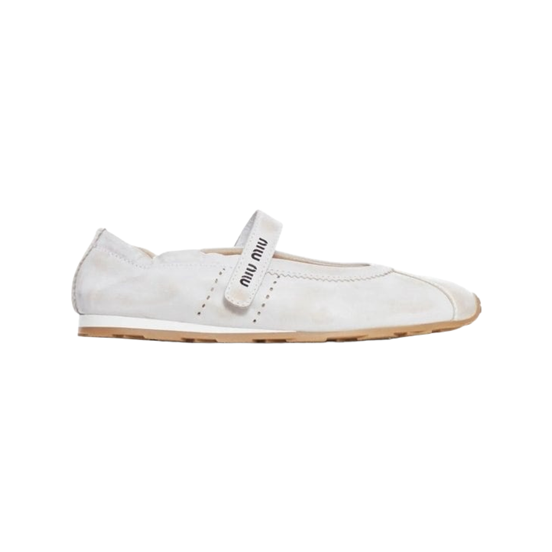 5F370E-3ZLT-F0009 (W) Miu Miu Aged Effect Suede Plume Round Toe Ballerinas White