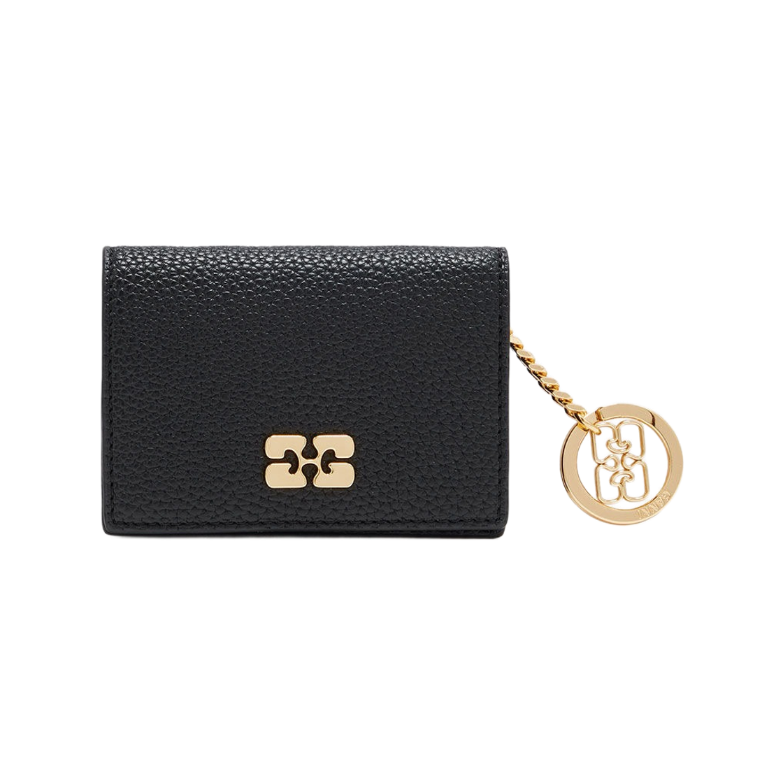 A7304-099 Ganni Card Holder with Flap in Grained Black with Gold