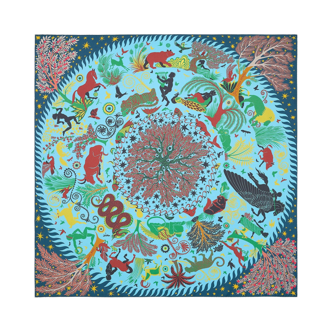 H903702S01 (W) Hermes Sous Le Charme D'Orphee Double Face Scarf 90 Bleu Azur Bordeaux Vert