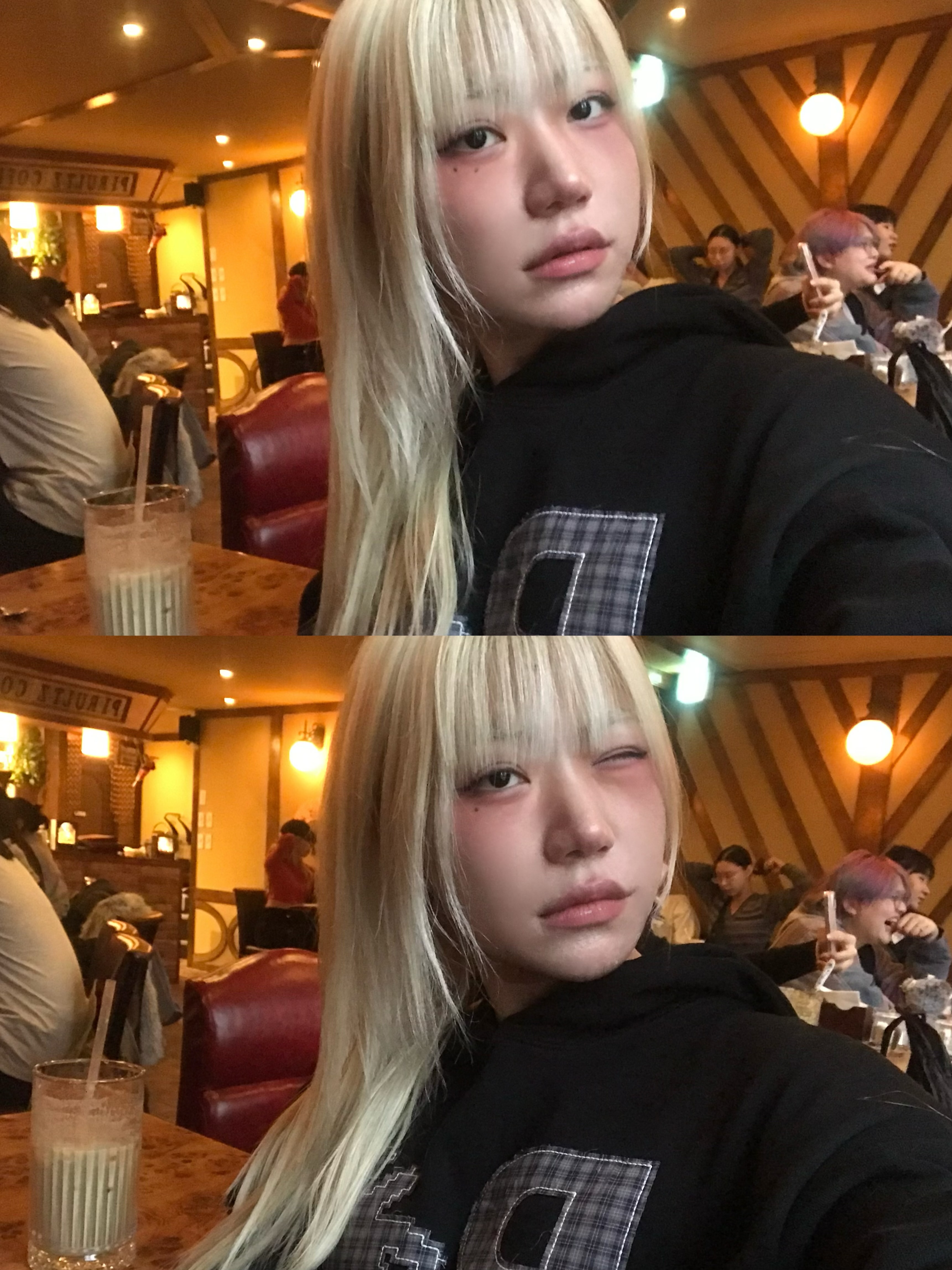 SLOW RECORD HOUSE Check Patch Hoodie Black 착용 스타일 - 8