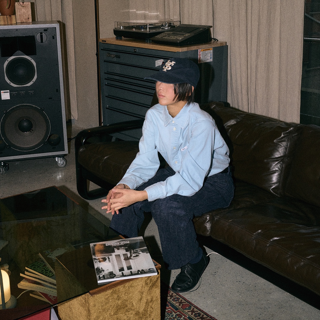 Sunday Ceremony Sy Logo 5 Panel Cotton Cap - Navy, Sunday Ceremony Vintage Washed Japanese Denim Shirt - Wash Blue 착용 스타일
