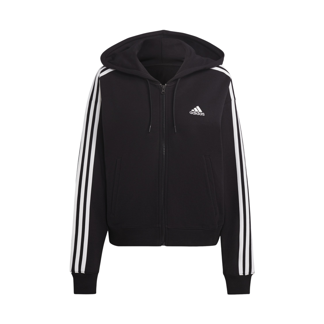 IC8781 (W) Adidas Essentials 3-Stripes French Terry Bomber Full-Zip Hoodie Black White - US Sizing